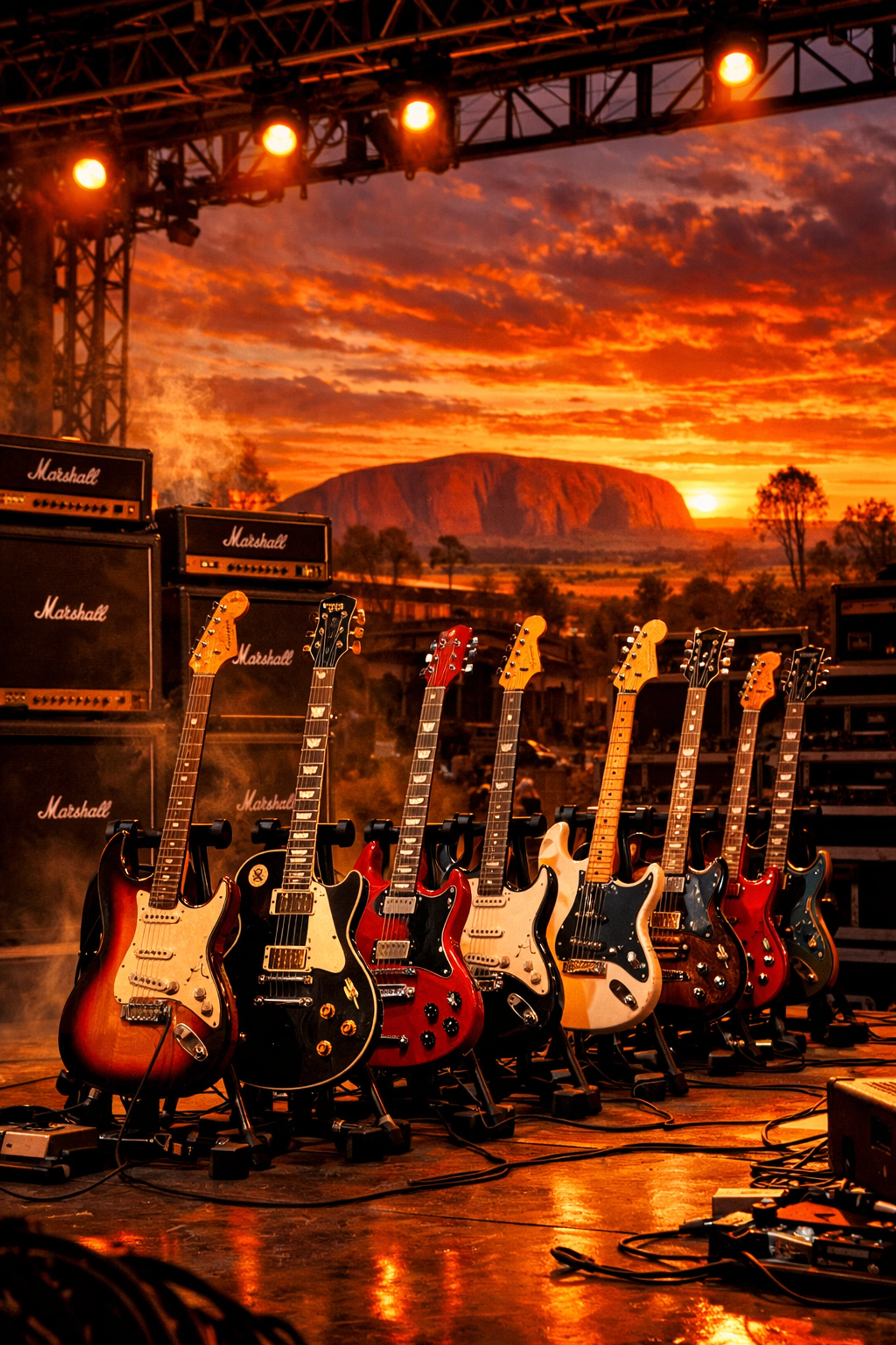 Foo Fighters Australia tour 2026 guitars on stage with outback sunset backdrop