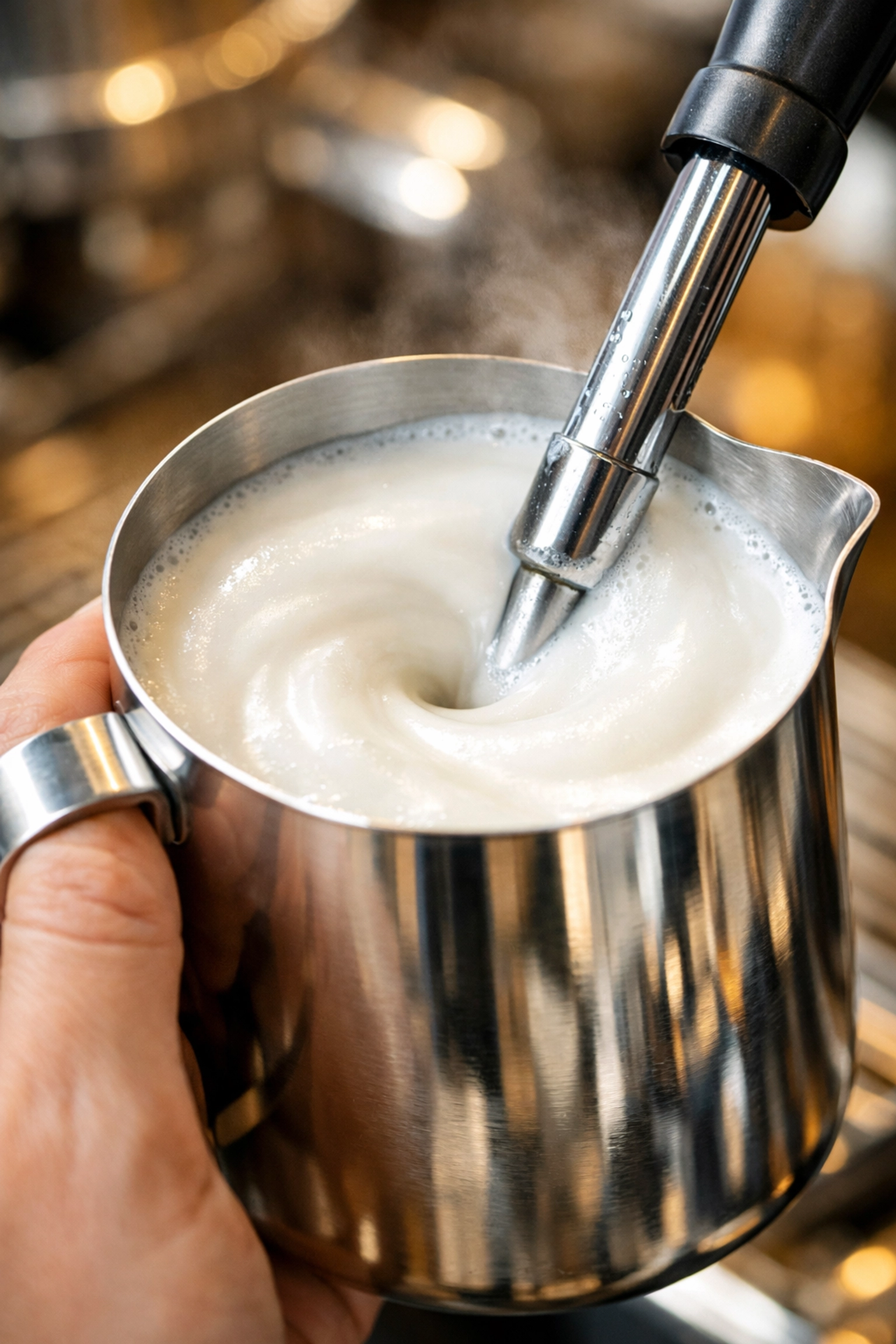 Barista steaming milk in a pitcher to create silky micro-foam for specialty lattes and cappuccinos.