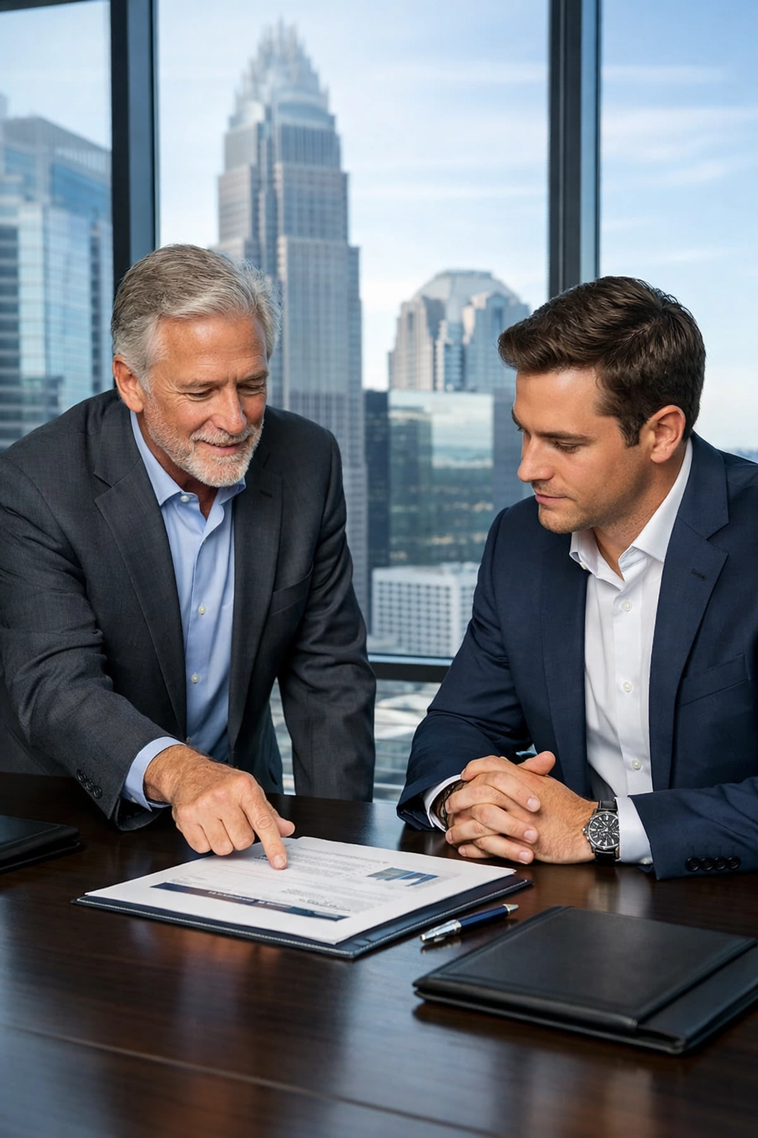 Business owner and buyer discussing handover documents during a North Carolina business acquisition.