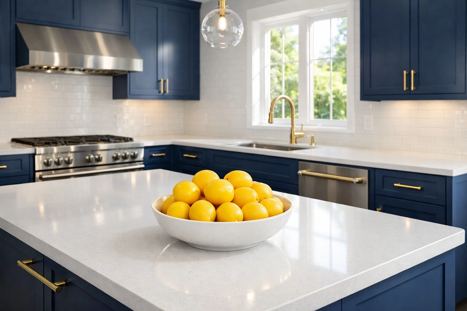 Sparkling high-end kitchen with white quartz countertops cleaned by a local Leominster service.