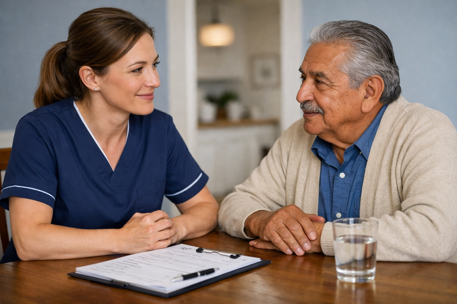 A reliable home caregiver and senior man discussing care plans with mutual respect and professional trust.