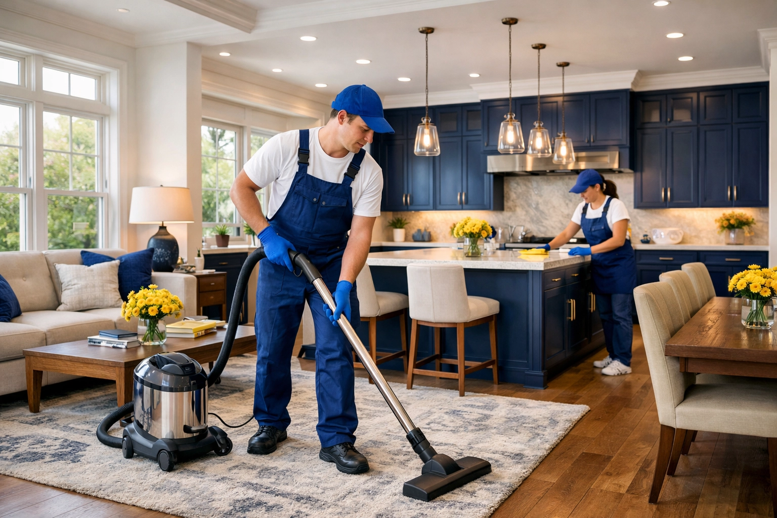 Two professional cleaners performing a thorough deep cleaning in a modern Southborough apartment kitchen.