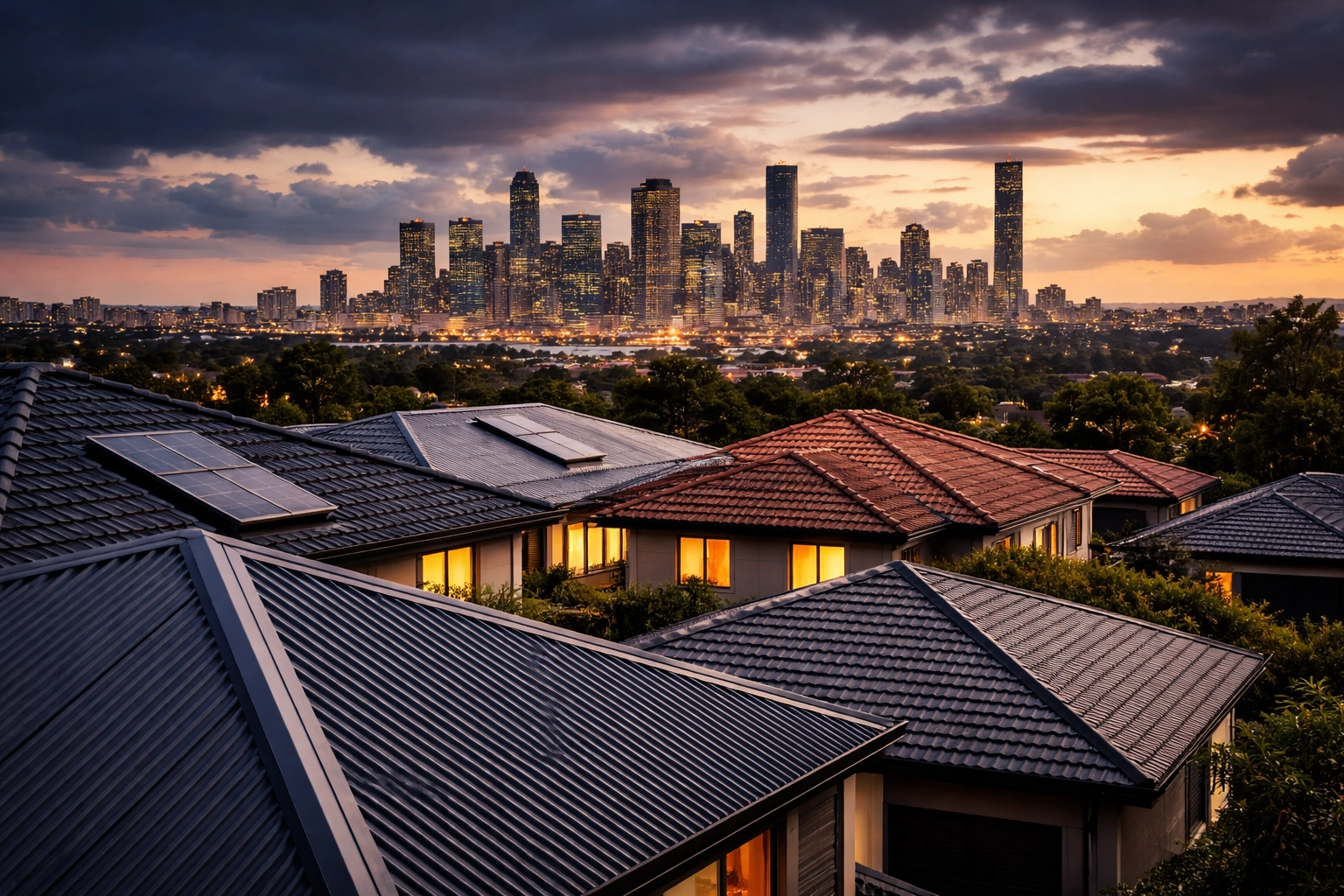 Brisbane city skyline at dusk with residential rooftops, highlighting local roofing expertise and services.