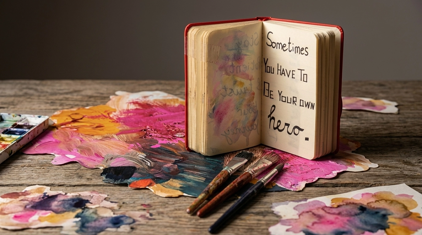 A vintage brass compass on a rustic wooden table, partially covered by a soft wash of indigo and ochre watercolor paint.