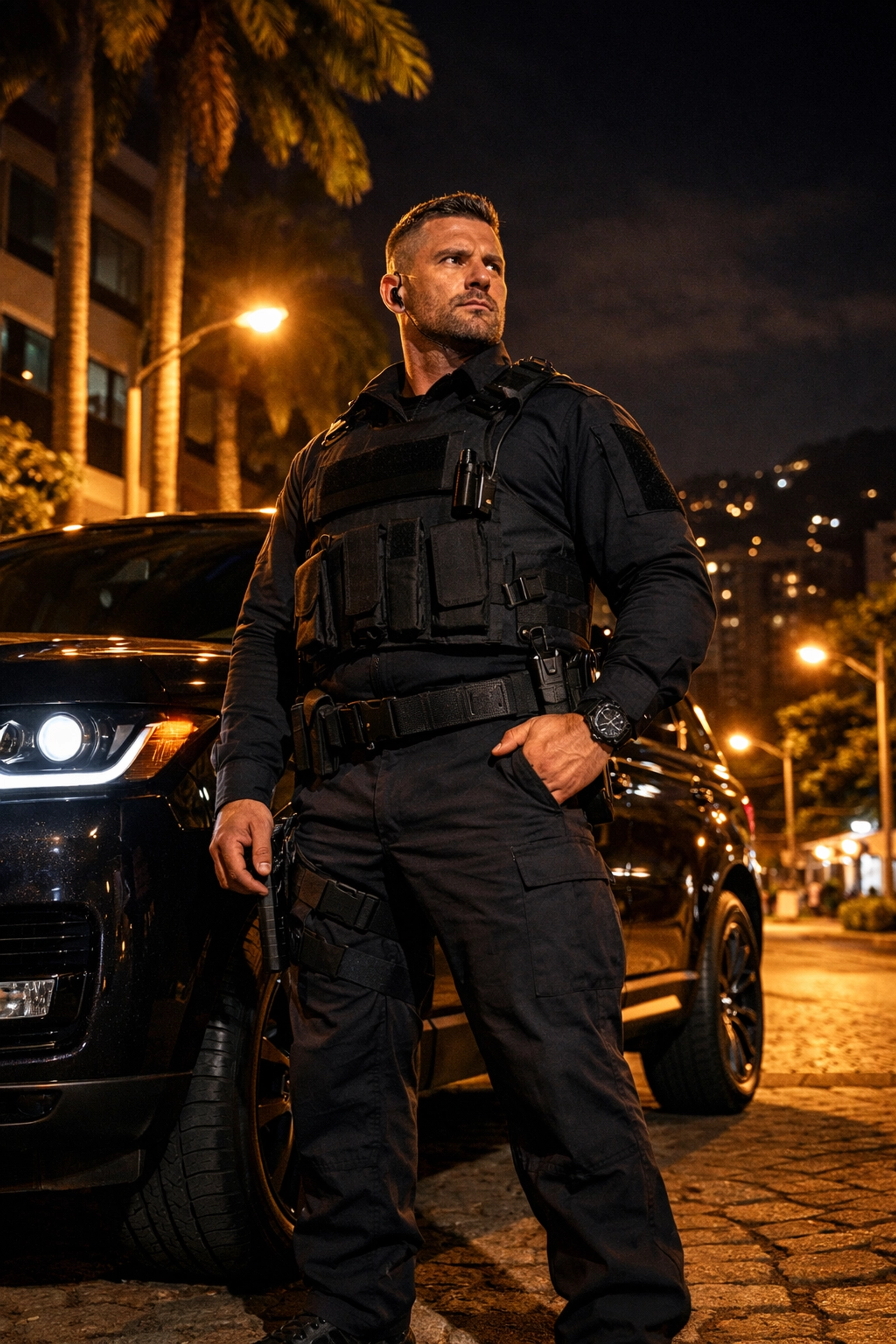 Professional bodyguard Medellin standing alert with luxury security vehicle at night