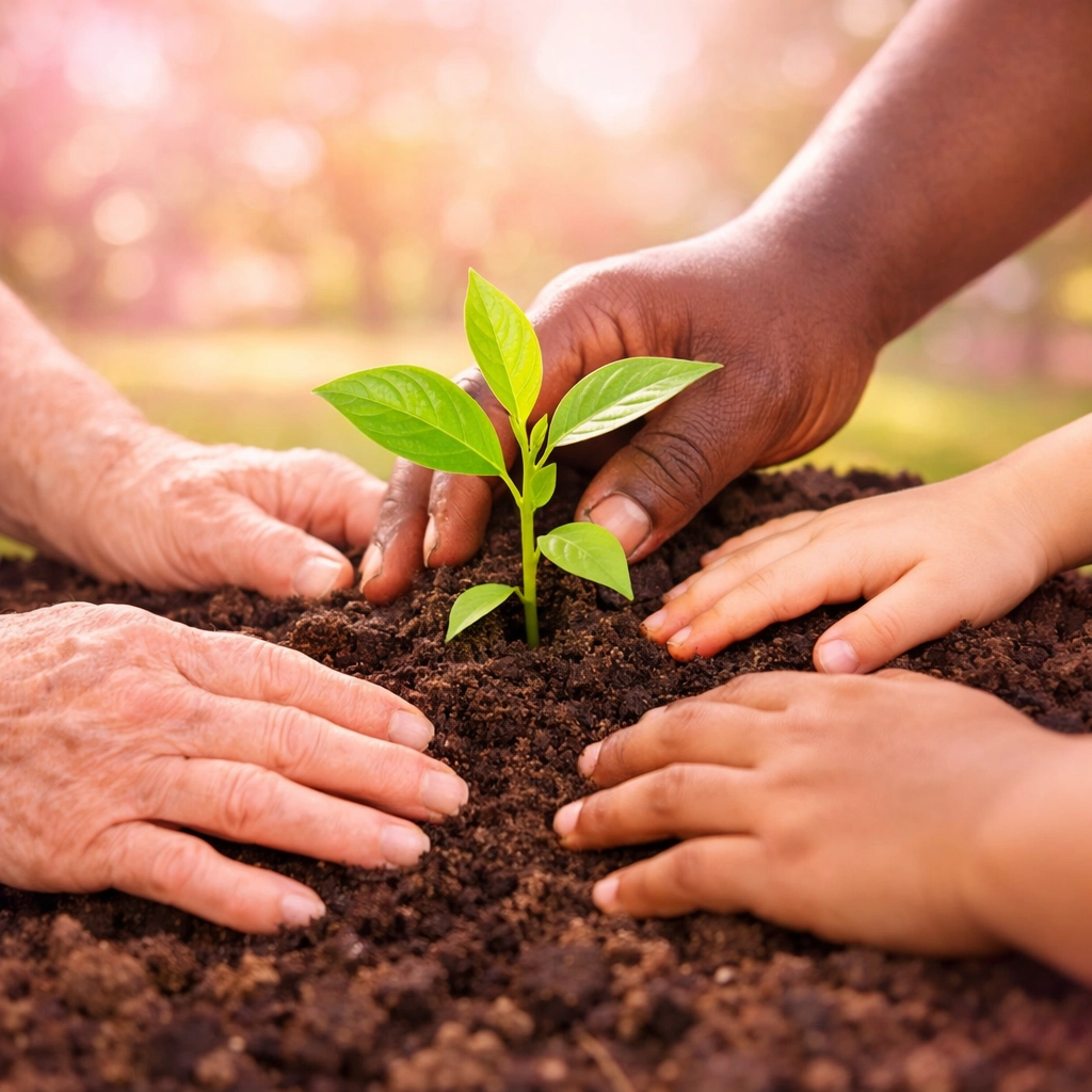 Diverse hands planting a sapling to show community collaboration for domestic violence safe spaces.
