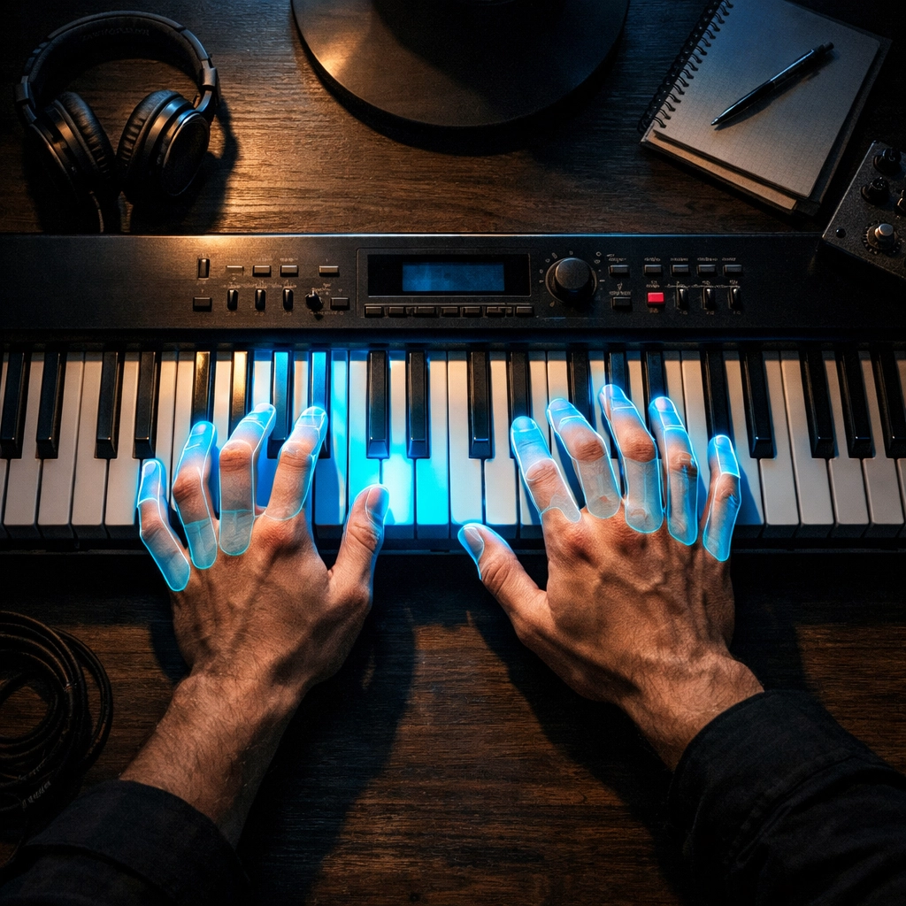AI coach showing correct finger positioning and hand technique on piano keyboard