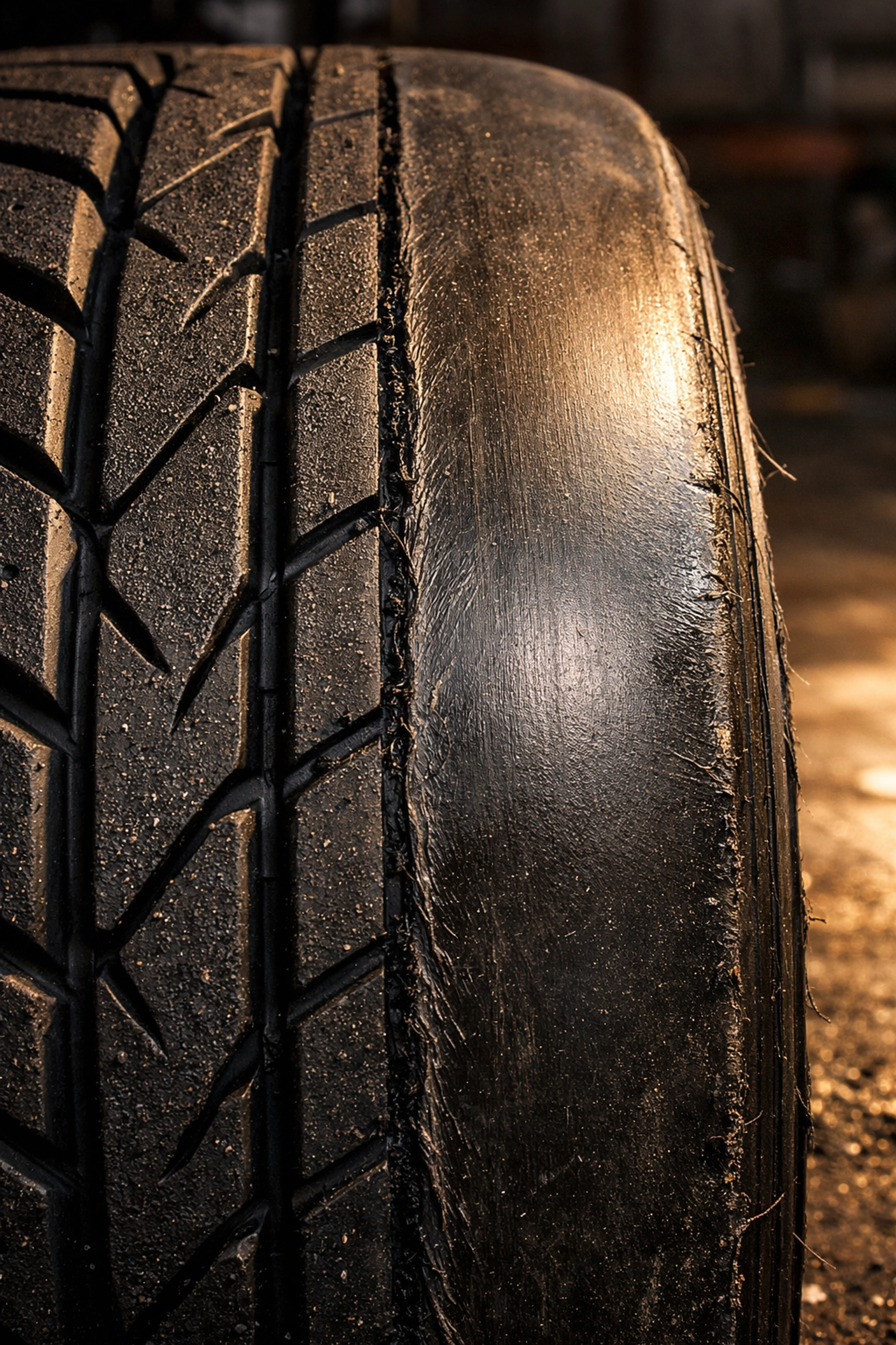 Macro view of a tire with uneven tread wear and feathered edges caused by incorrect wheel alignment.