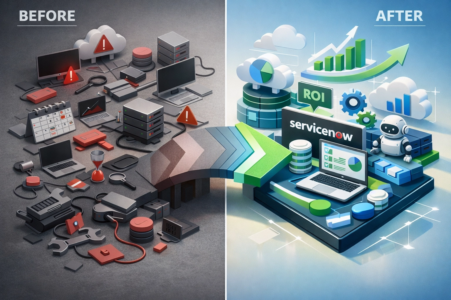 Before and after comparison showing ServiceNow consulting ROI and IT operations transformation