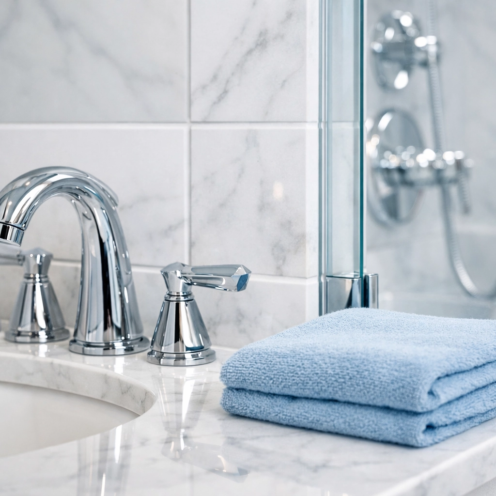 Meticulously scrubbed bathroom vanity and tile grout following a professional deep cleaning Lowell visit.