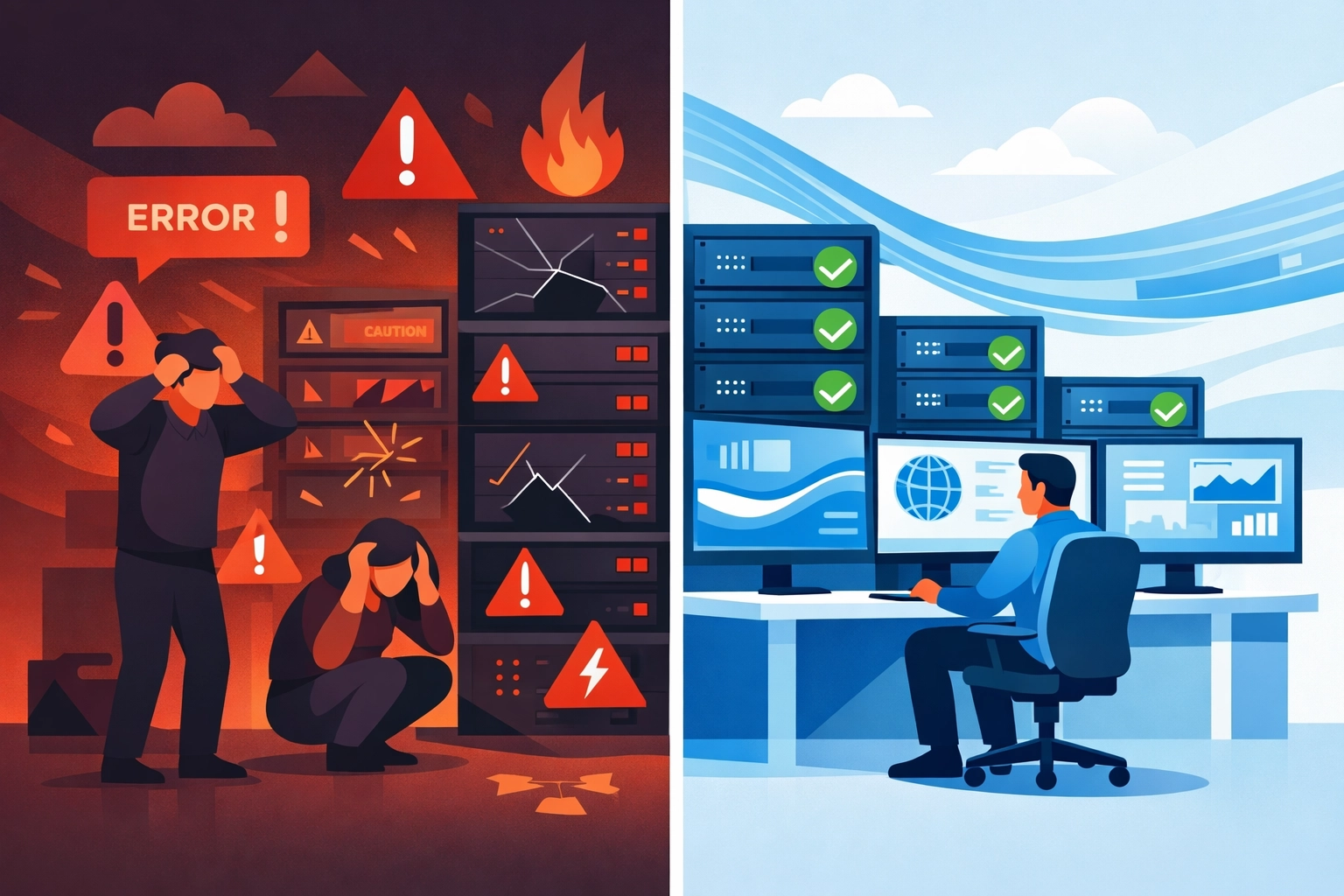 Comparison of chaotic break-fix IT support versus calm proactive managed IT monitoring