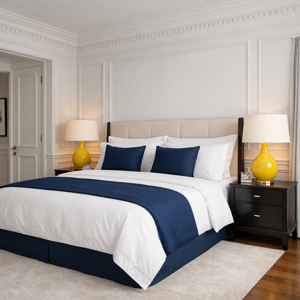 A tranquil bedroom suite with crisp linens, showing the result of expert house cleaning Worcester MA.