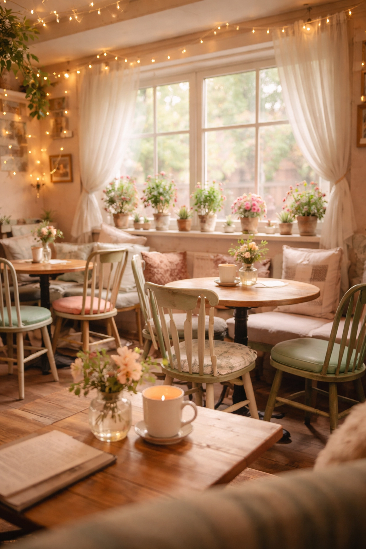 Cozy family-owned cafe interior in Felixstowe with pastel decor and inviting atmosphere for lunch
