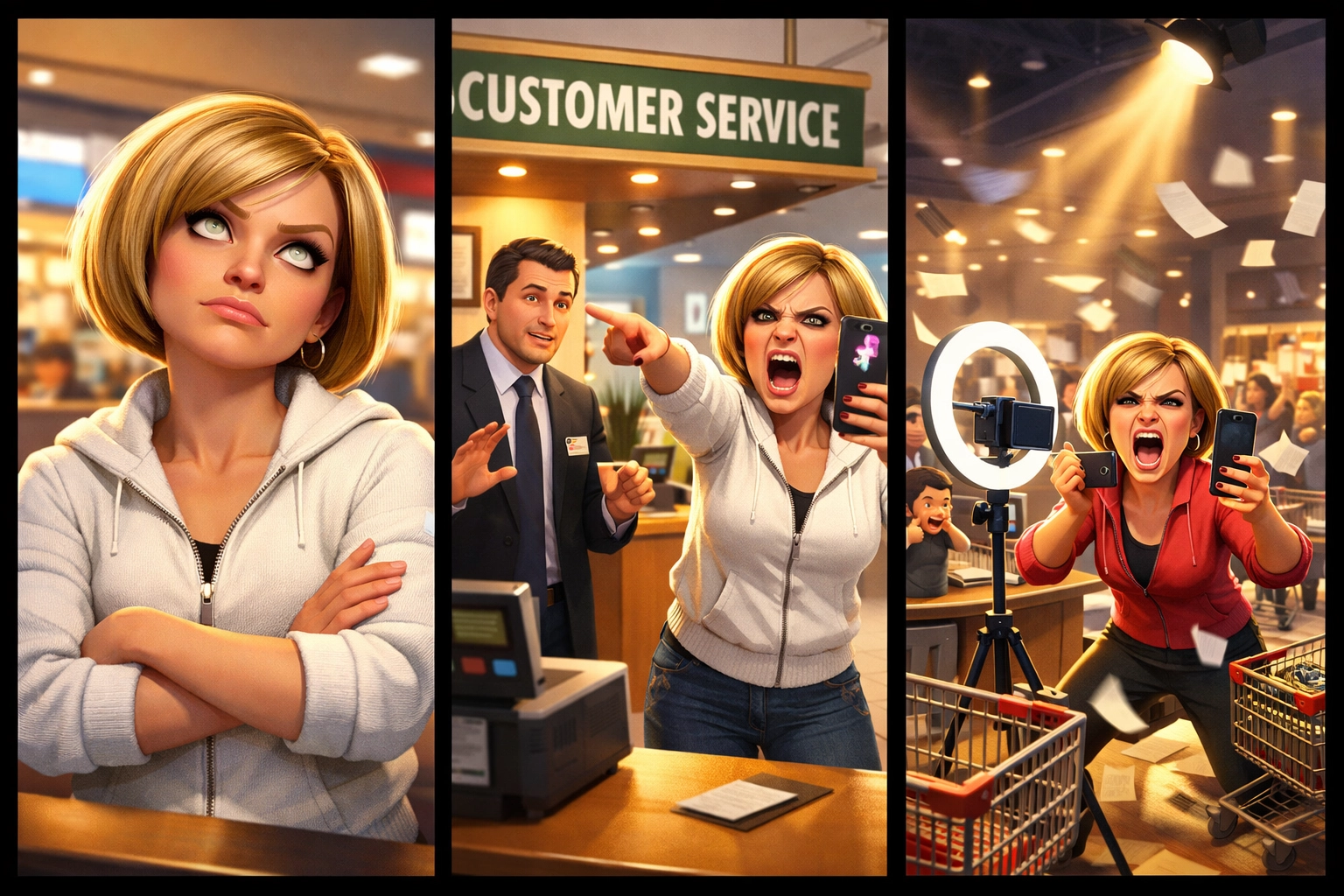 Three escalation modes in Karen game: passive-aggressive, full Karen, and nuclear manager meltdown