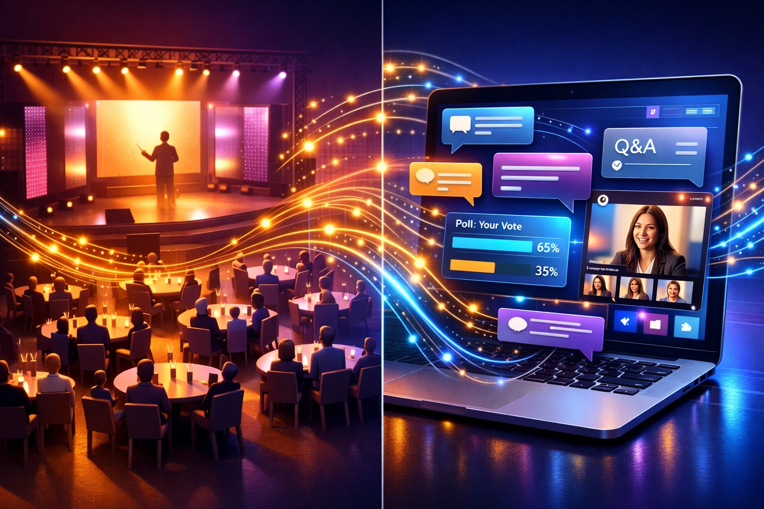 Visual representation of hybrid activation connecting in-person venue with remote digital audience