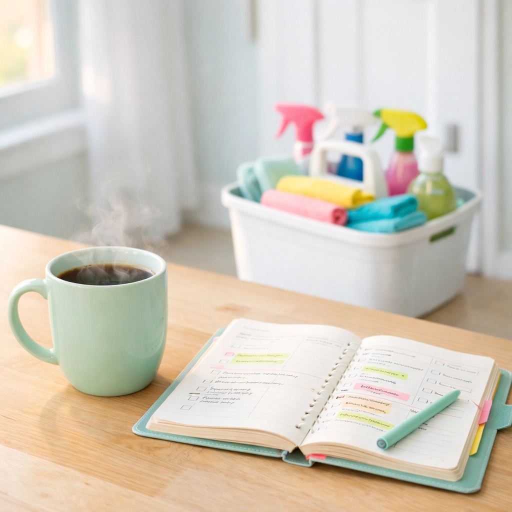 A planner and coffee on a table, illustrating a single mom starting a cleaning business in Cedar Valley.