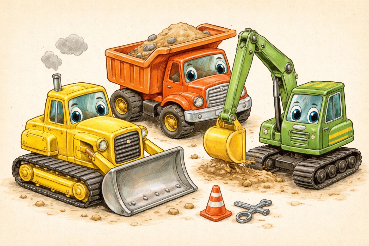 Toy construction vehicles including a bulldozer, dump truck, and excavator for a kids' sensory play bin