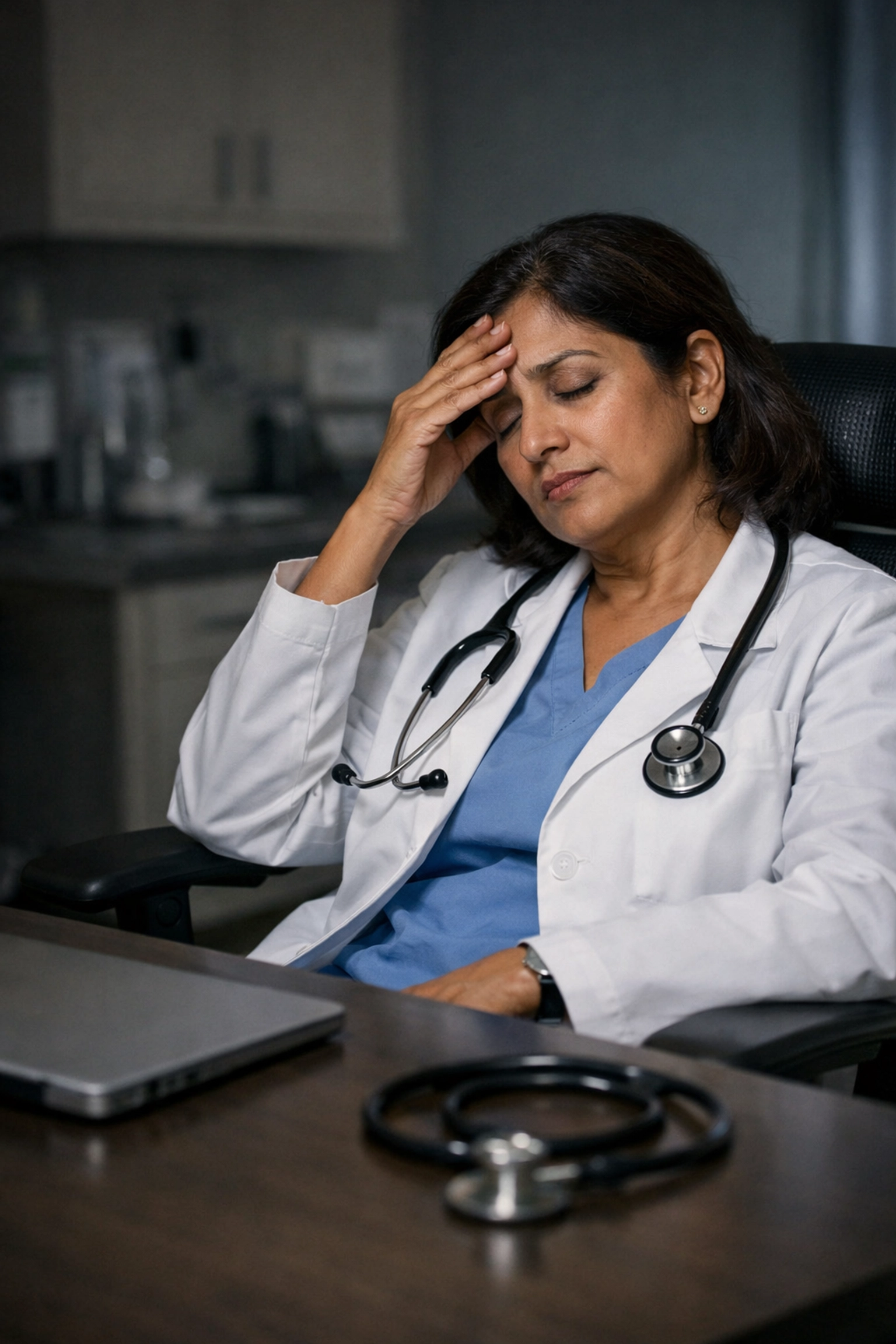 Exhausted female physician in a dark office, reflecting the reality of high-pressure physician burnout.