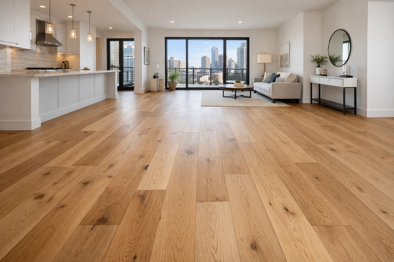 Wide-plank white oak hardwood floor installation in modern Chicago condo