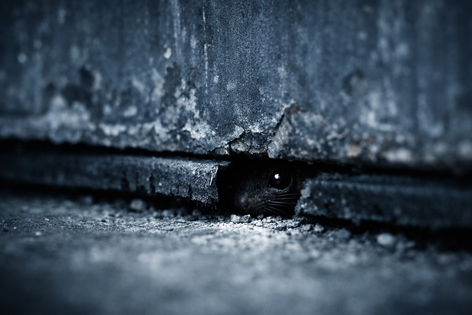 Close-up of a small gap under a metal door revealing a rodent entry point in a Westchester commercial facility.