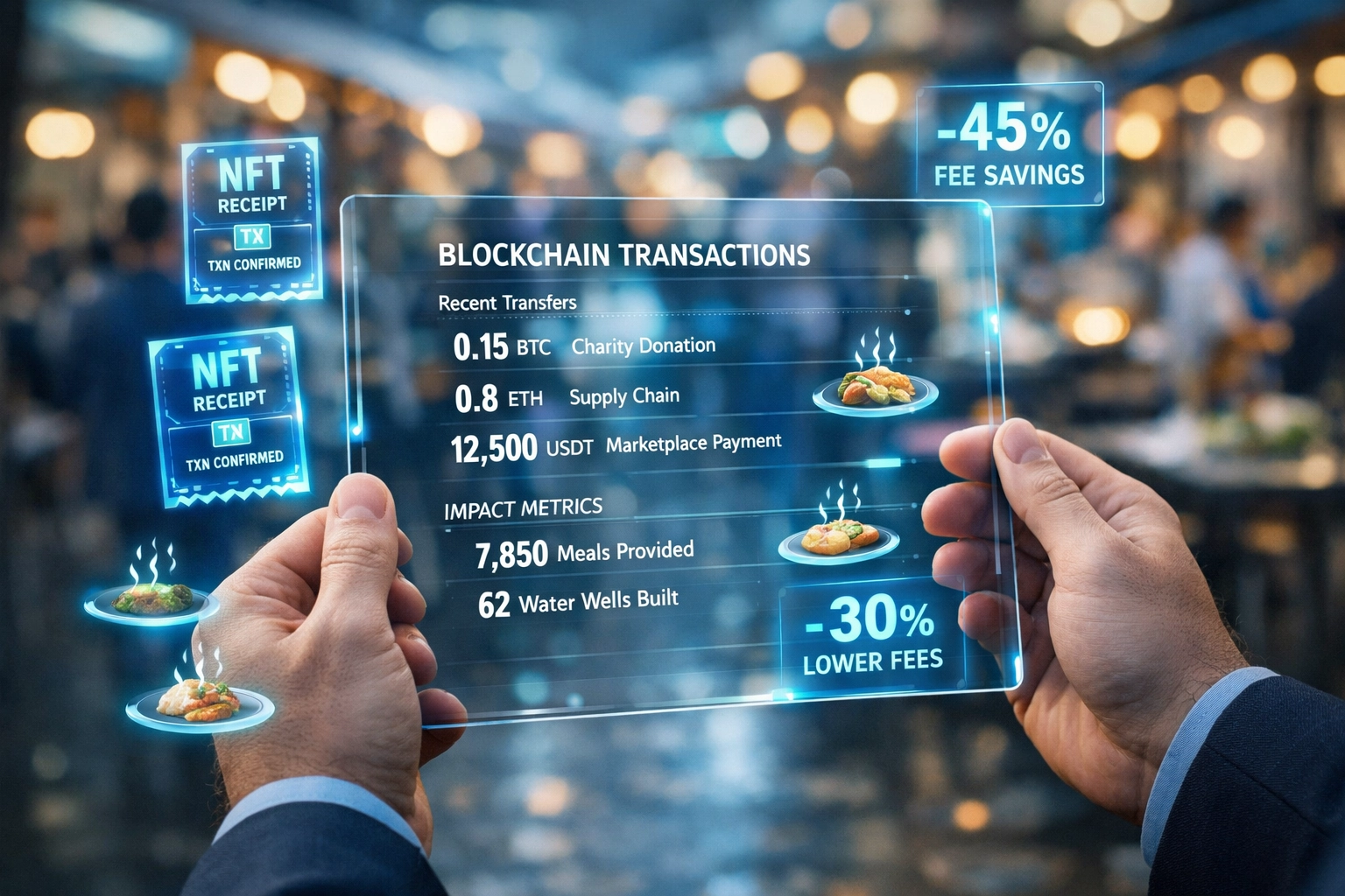 Real-time blockchain transaction dashboard showing social impact metrics and fee savings