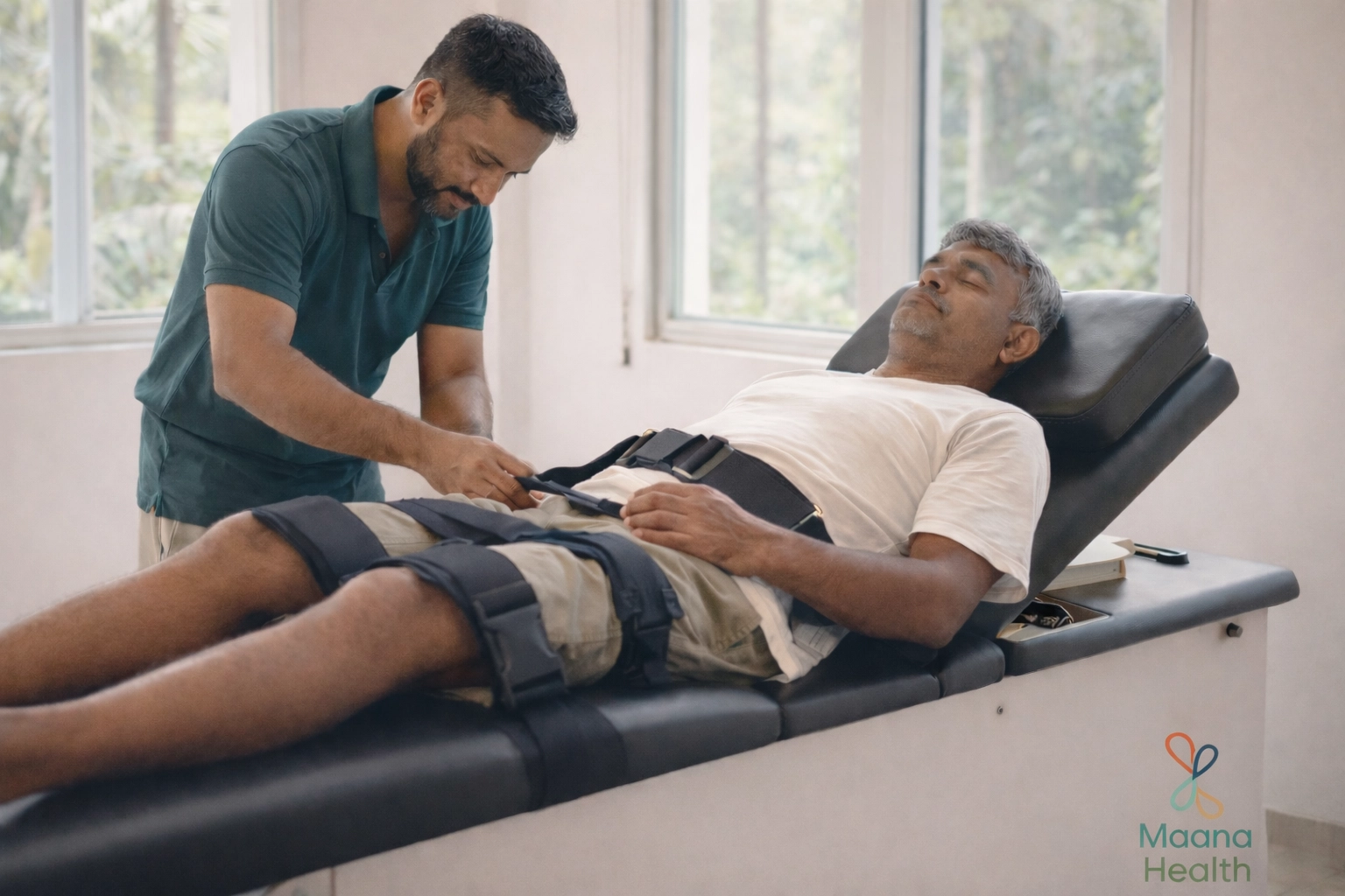 A physiotherapist positions a patient comfortably on a therapy table as part of a personalised, root-cause-focused non-surgical program.