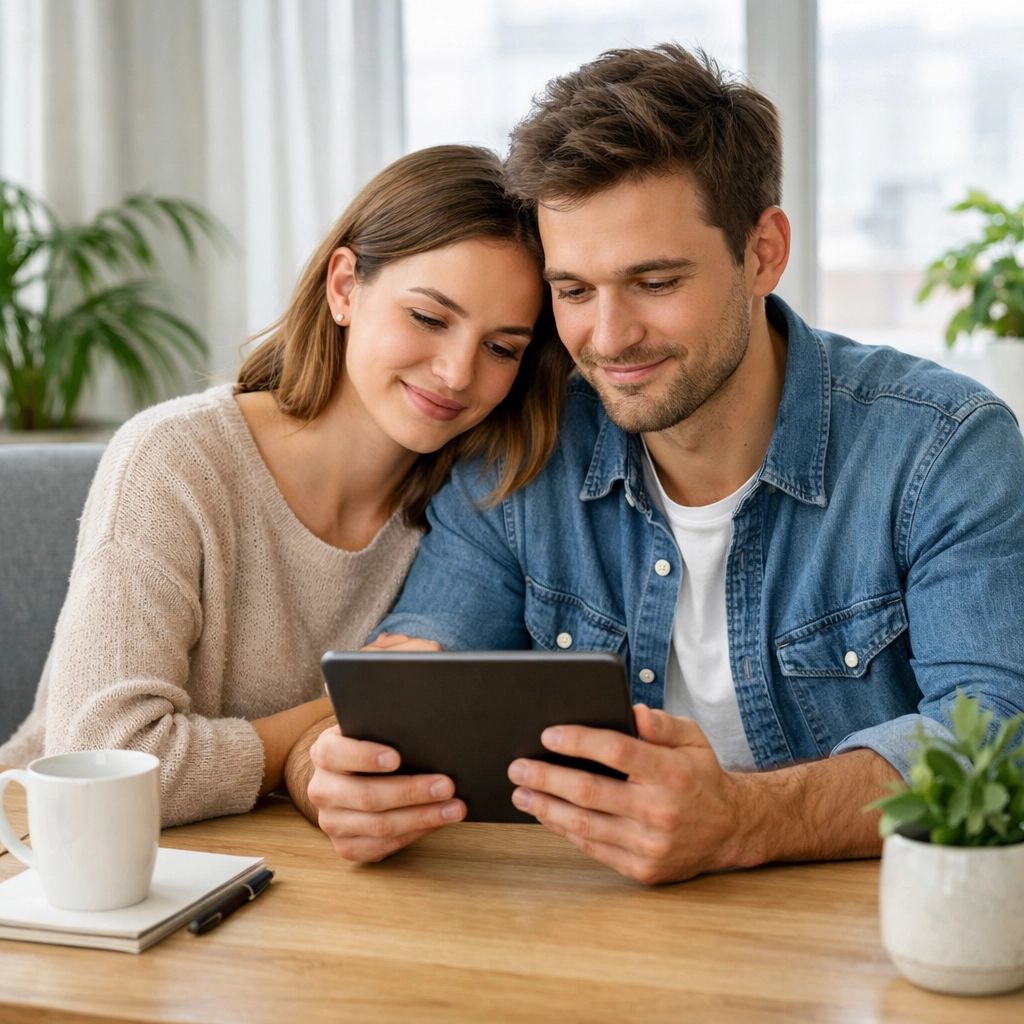 Relieved Canadian couple at home applying for EI loans to help manage family expenses.