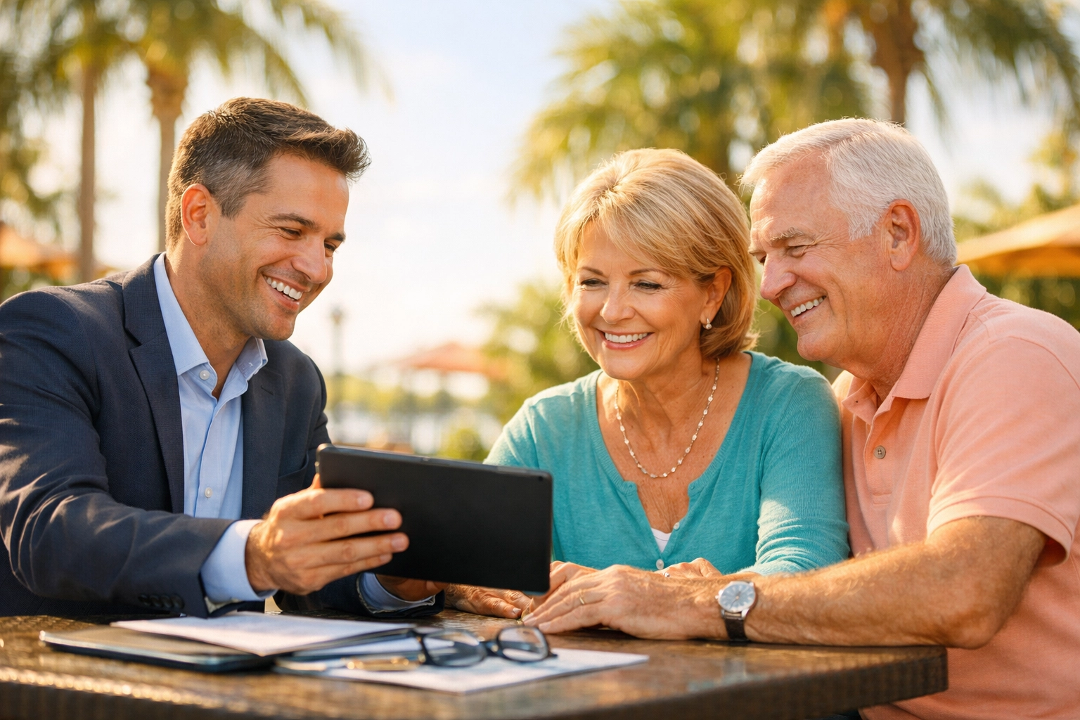 Medicare agent in Fort Myers helping a senior couple compare local health insurance plans outdoors.