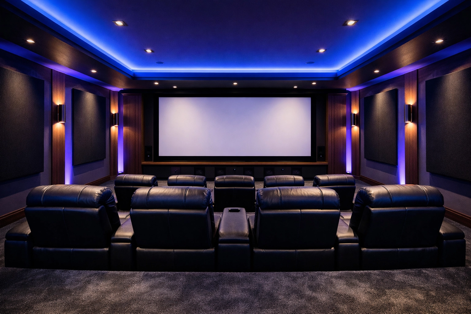 Luxury basement media room with theater seating in Seven Hills Las Vegas home