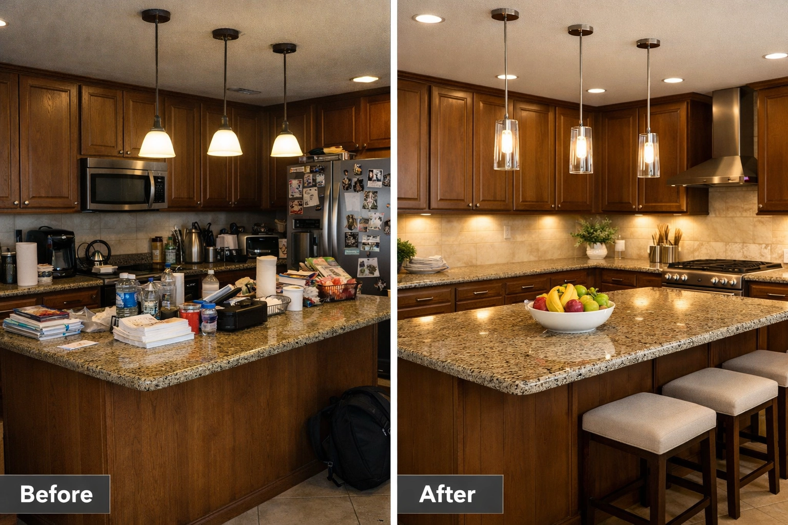 Before and after comparison of Las Vegas kitchen staging showing transformation
