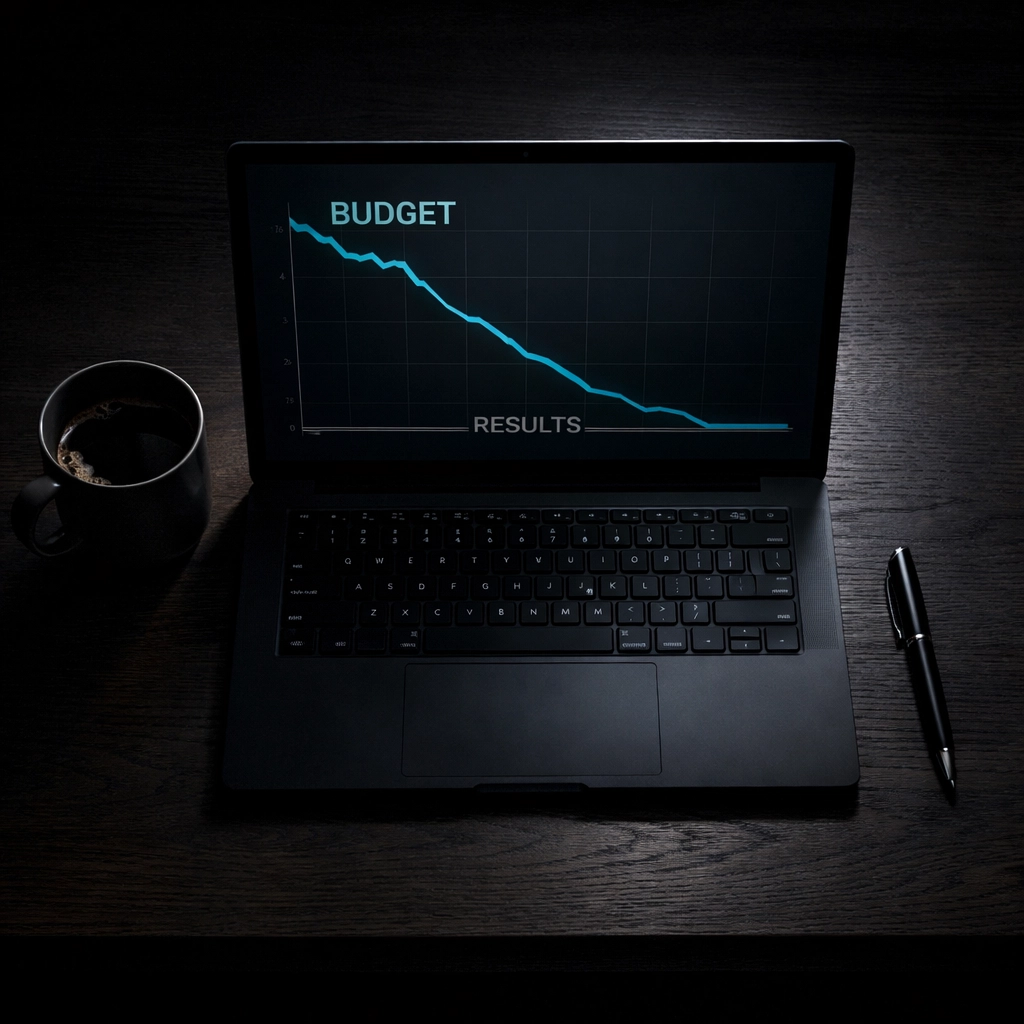 Laptop screen showing a declining budget, illustrating the high costs of hiring a sales development rep for a startup.