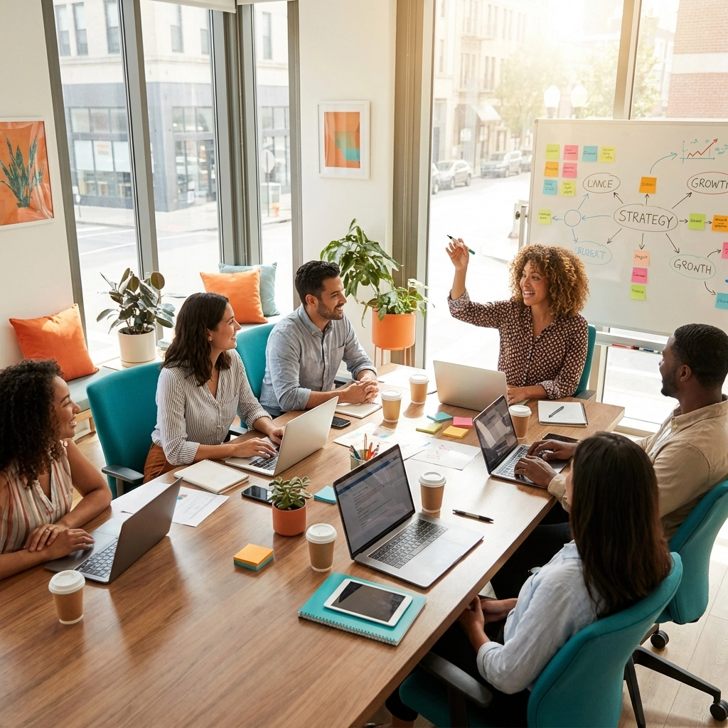 Marketing team collaborating around a conference table to improve AI content prompts and strategy