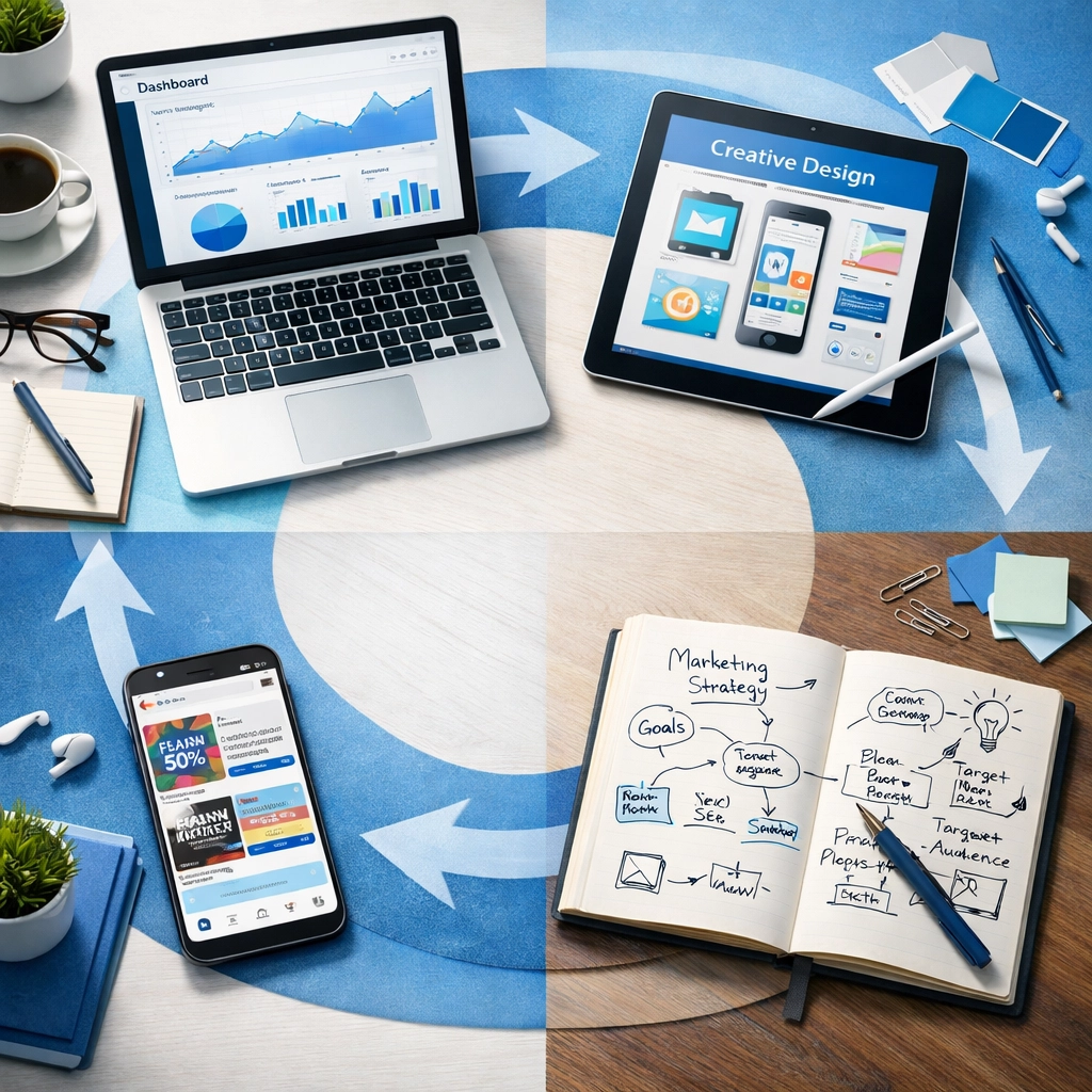 Integrated marketing workspace showing analytics, design, ads, and strategy planning tools