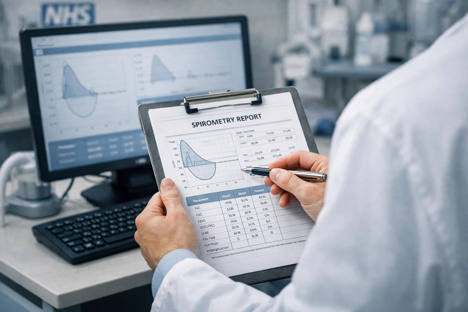Respiratory technician reviewing spirometry test results and lung function data