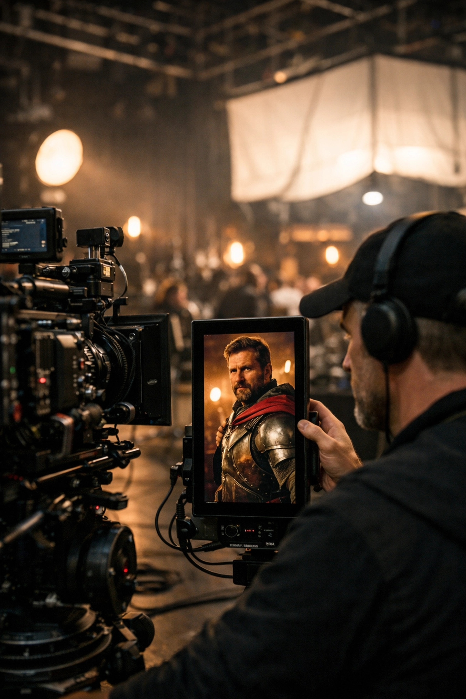 Production crew using a vertical monitor on a high-budget film set to create Disney Plus social-first video.