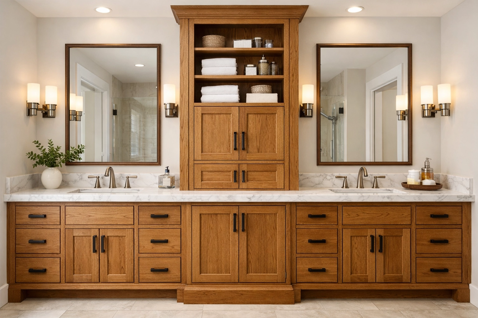 Custom double sink oak vanity with a tall linen storage tower, ideal for a master bathroom renovation in Minnesota.