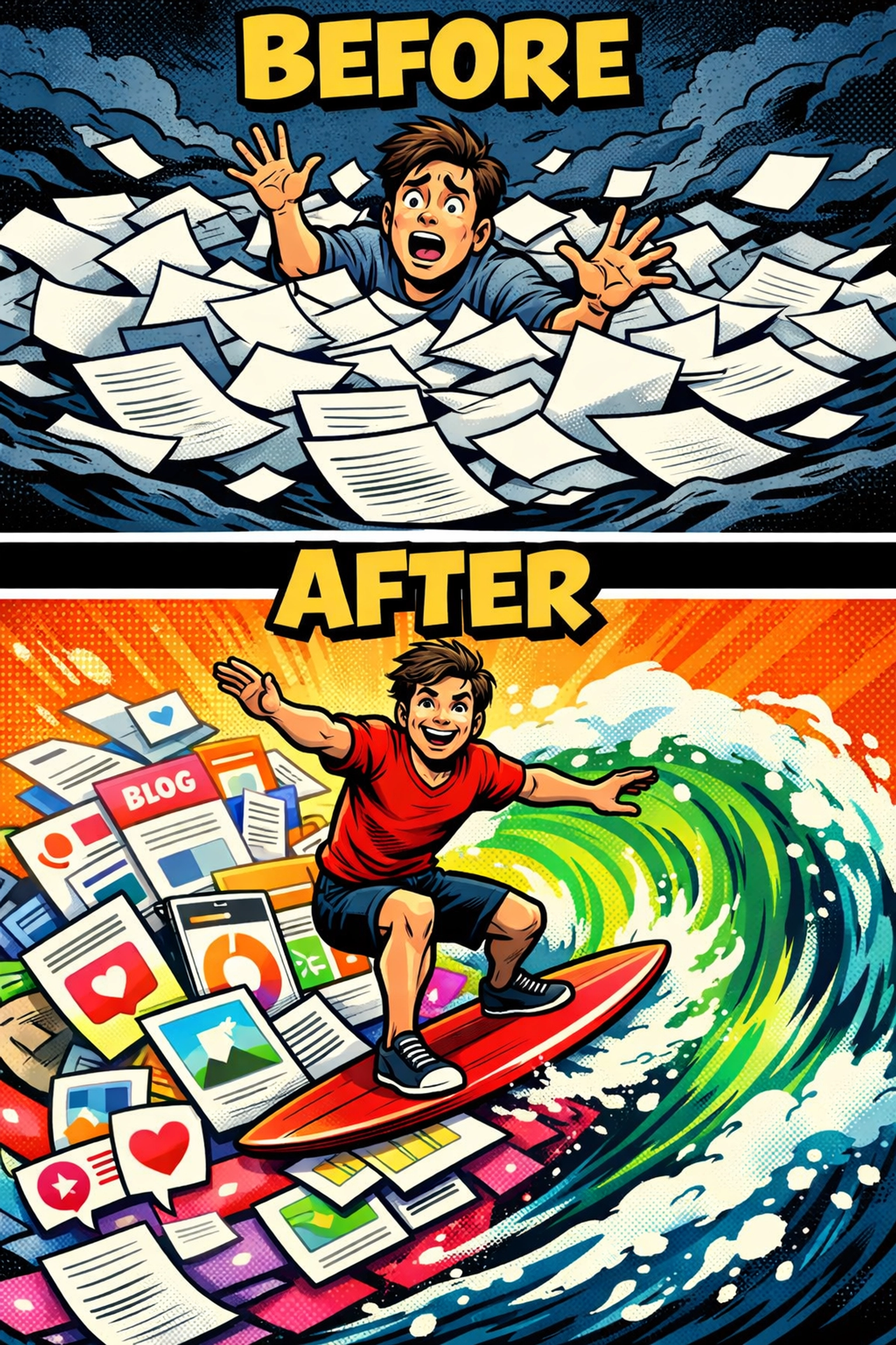 Before and after using AI content generator: from drowning in blank pages to effortlessly creating content