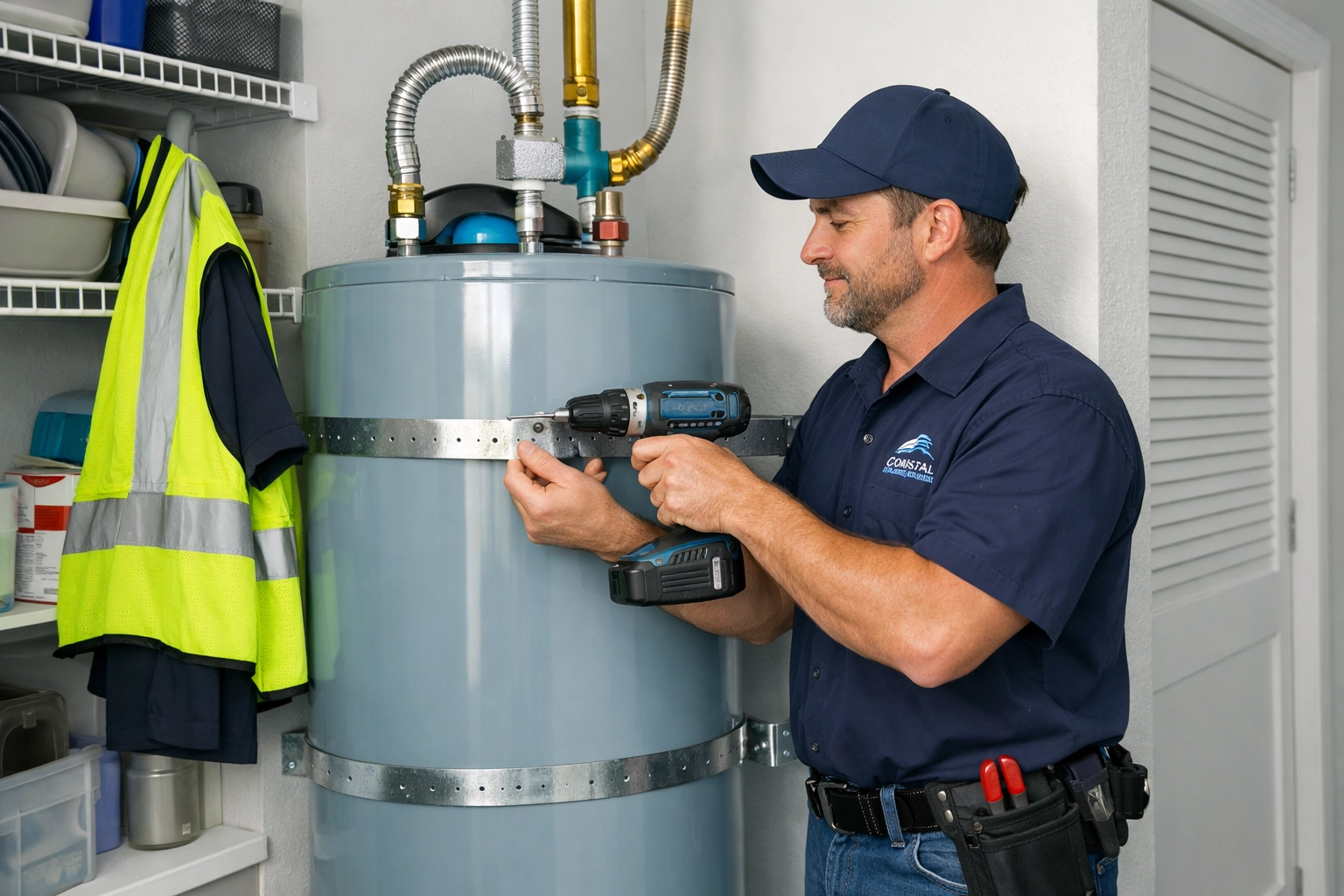 Licensed plumber installing seismic strapping on residential water heater in Florida home