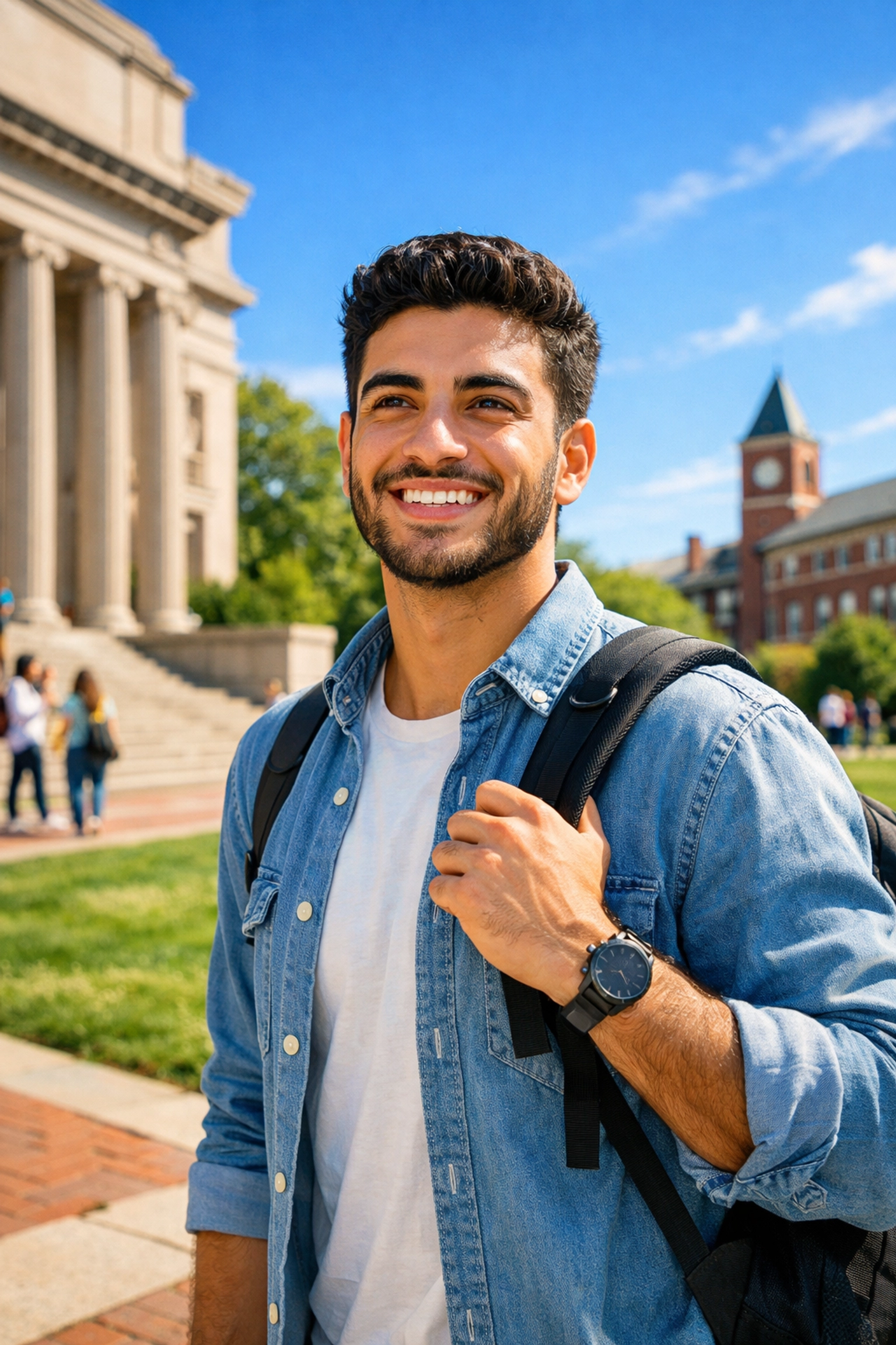 International student on a US campus representing non-immigrant visa status for university studies.