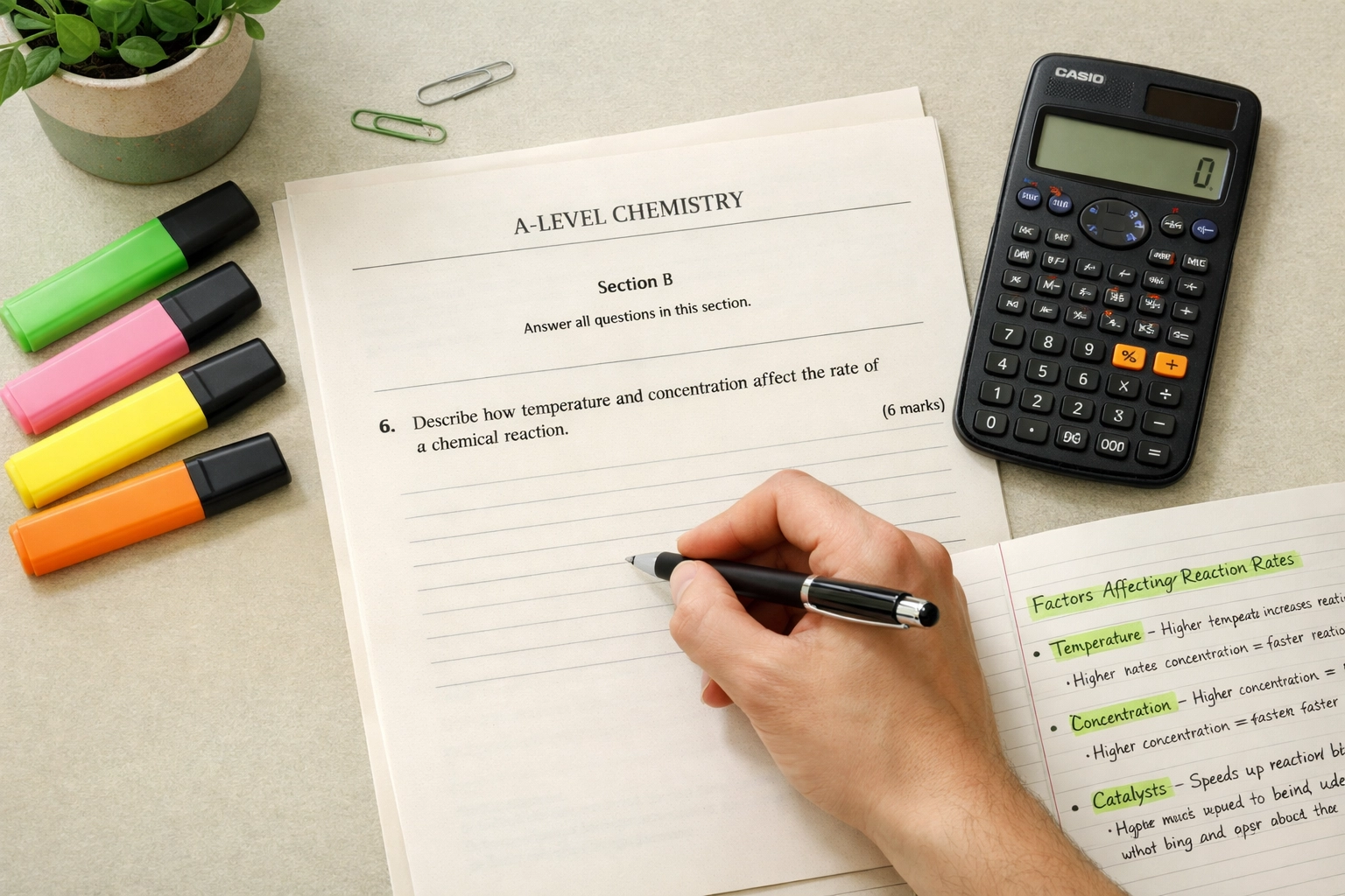 A-Level Chemistry student revising 6-mark exam questions with highlighters and notes on desk