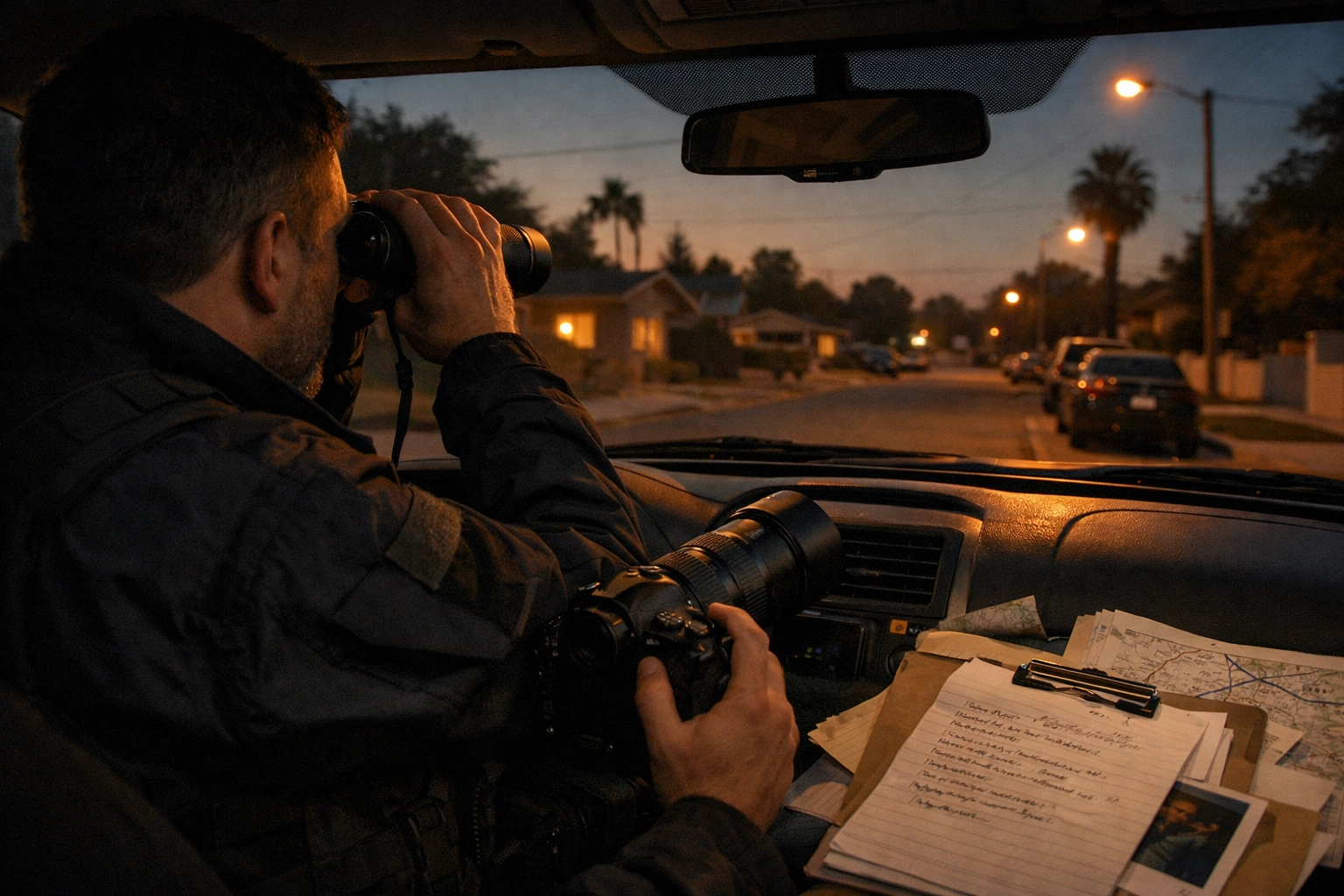 Professional investigator conducting surveillance from vehicle for evasive subject in California