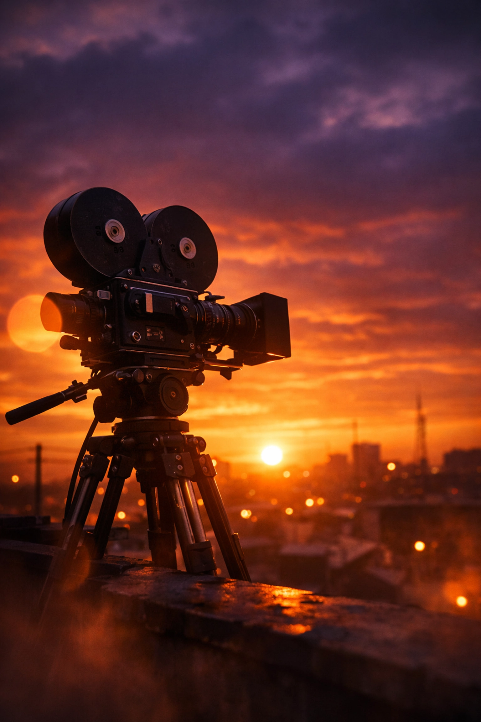 Vintage film camera silhouetted against sunset skyline representing independent filmmaking ambition