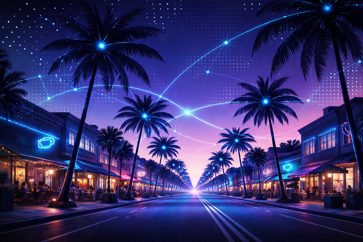 Delray Beach Atlantic Avenue depicted with digital connectivity showing smart business growth.