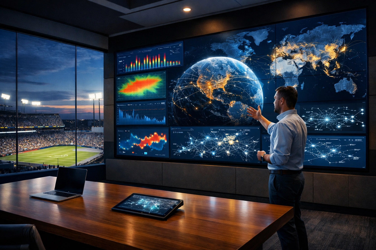 Strategic media operations center displaying real-time data analytics for integrated sports and entertainment solutions.
