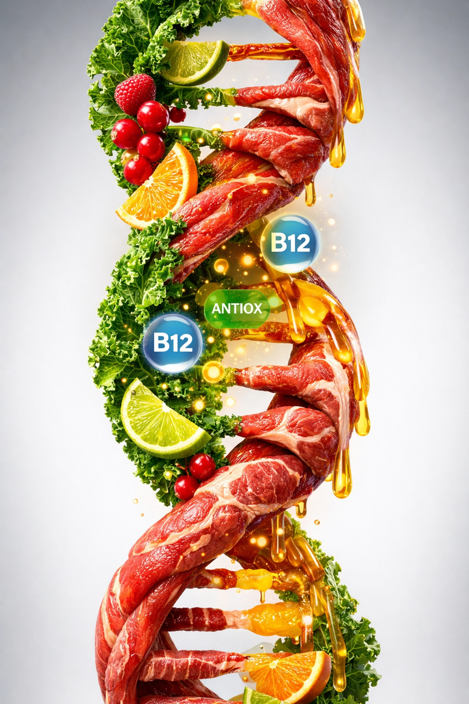 Conceptual DNA helix showing a blend of plant and meat textures for a carnivore vs vegan nutrition comparison.
