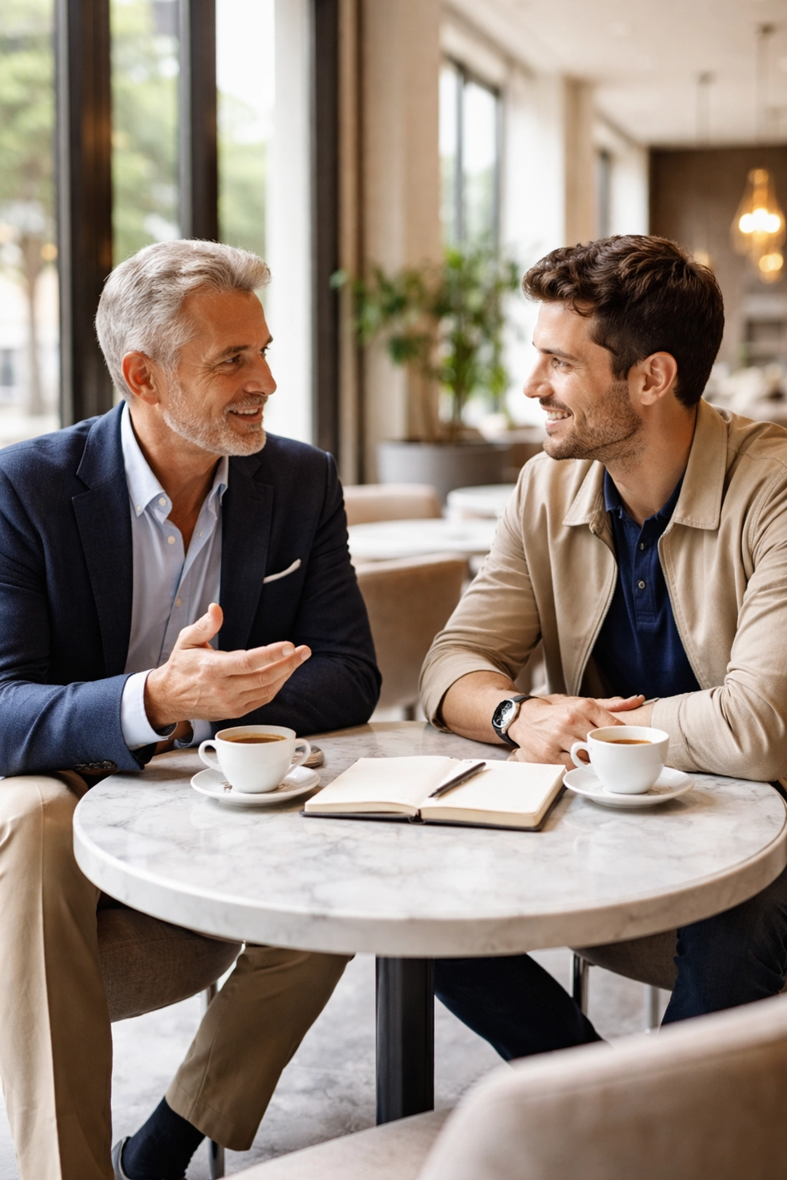 Mentor and hospitality founder connect over coffee, emphasizing board advisory mentorship and professional growth.