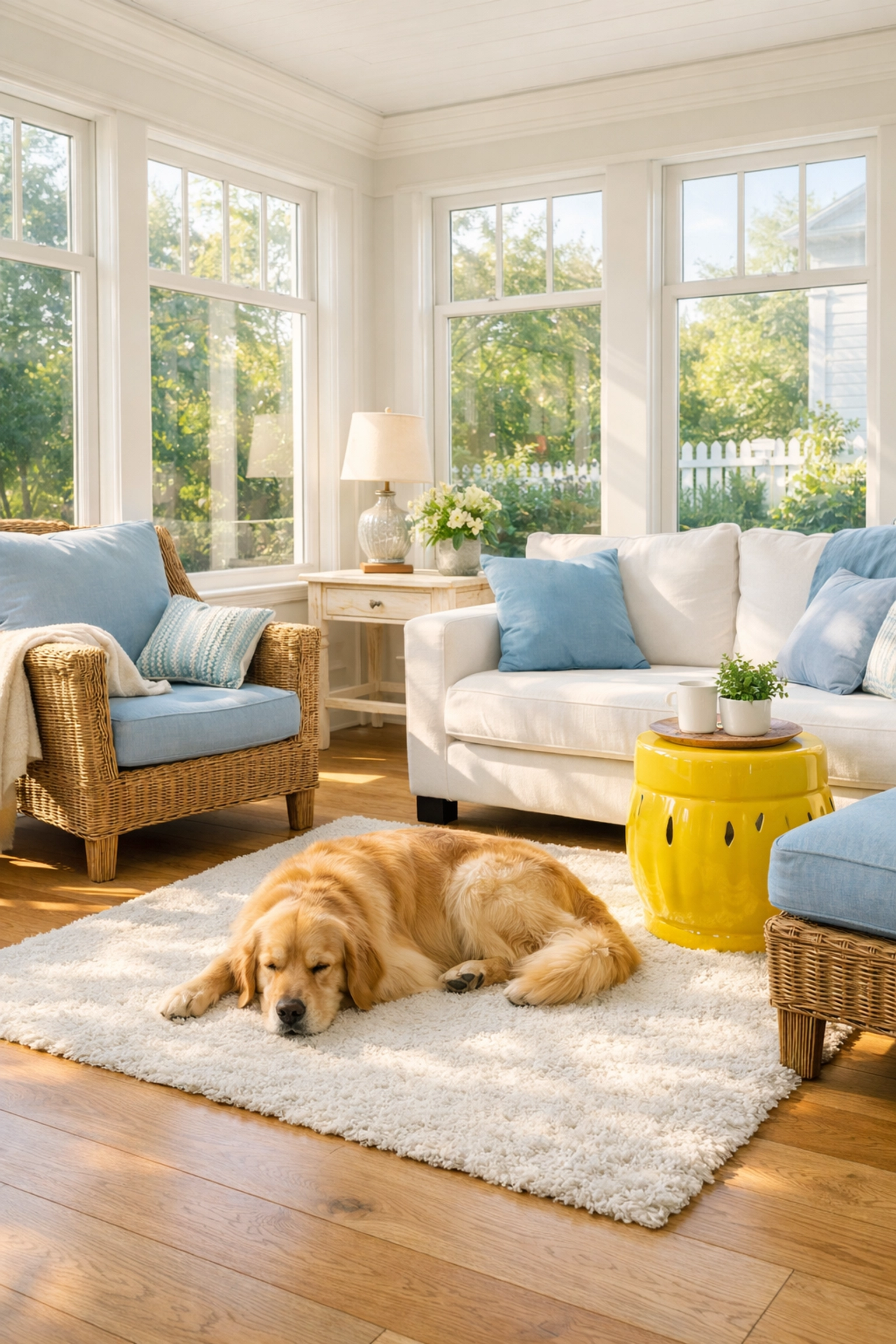 Clean sunroom with a dog showing pet-safe results of deep cleaning your wellesley home.