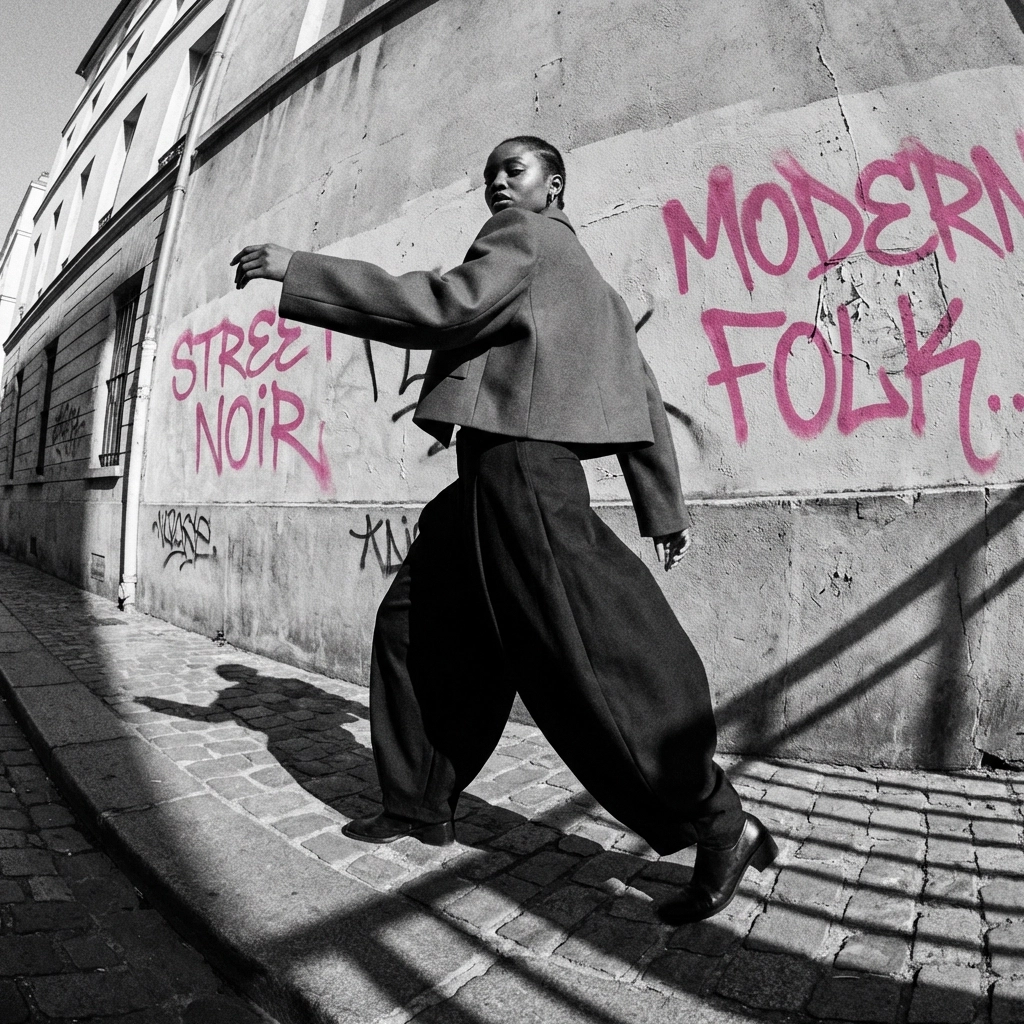 Black woman mid-stride in exaggerated balloon pants and cropped jacket with pink graffiti, highlighting 2026 urban proportion trends