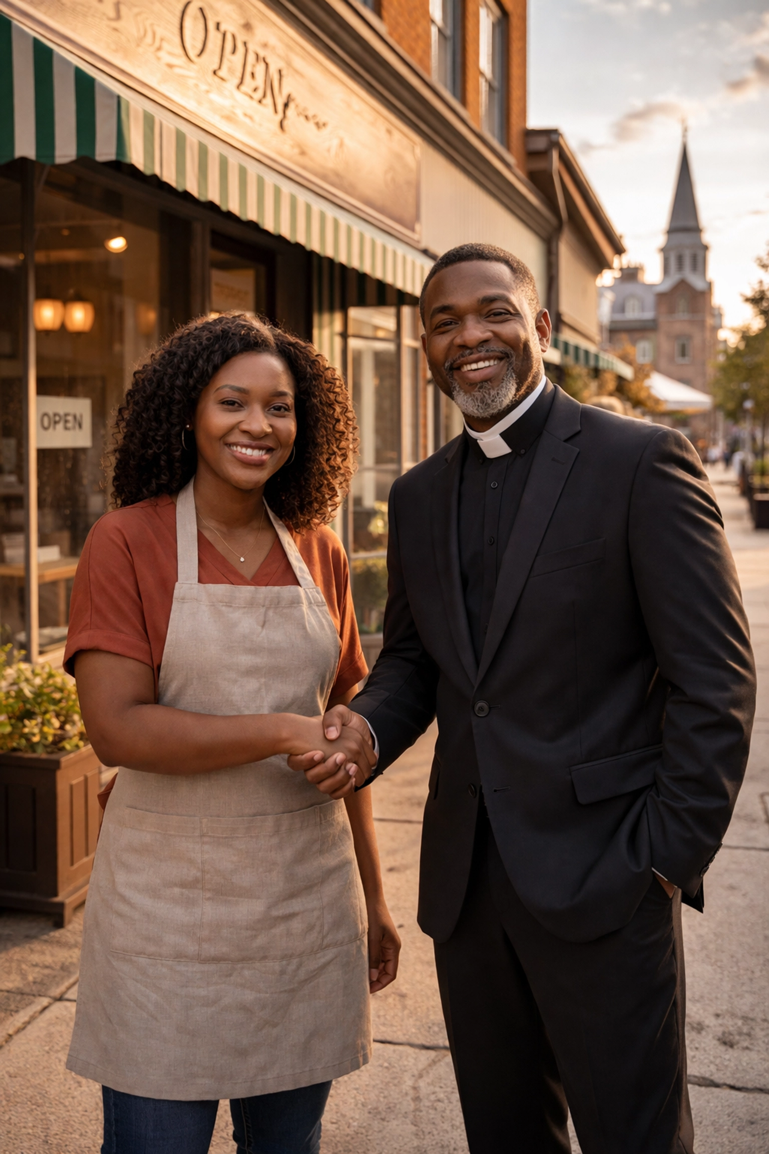 Business owner and pastor shaking hands, building church-led community partnership