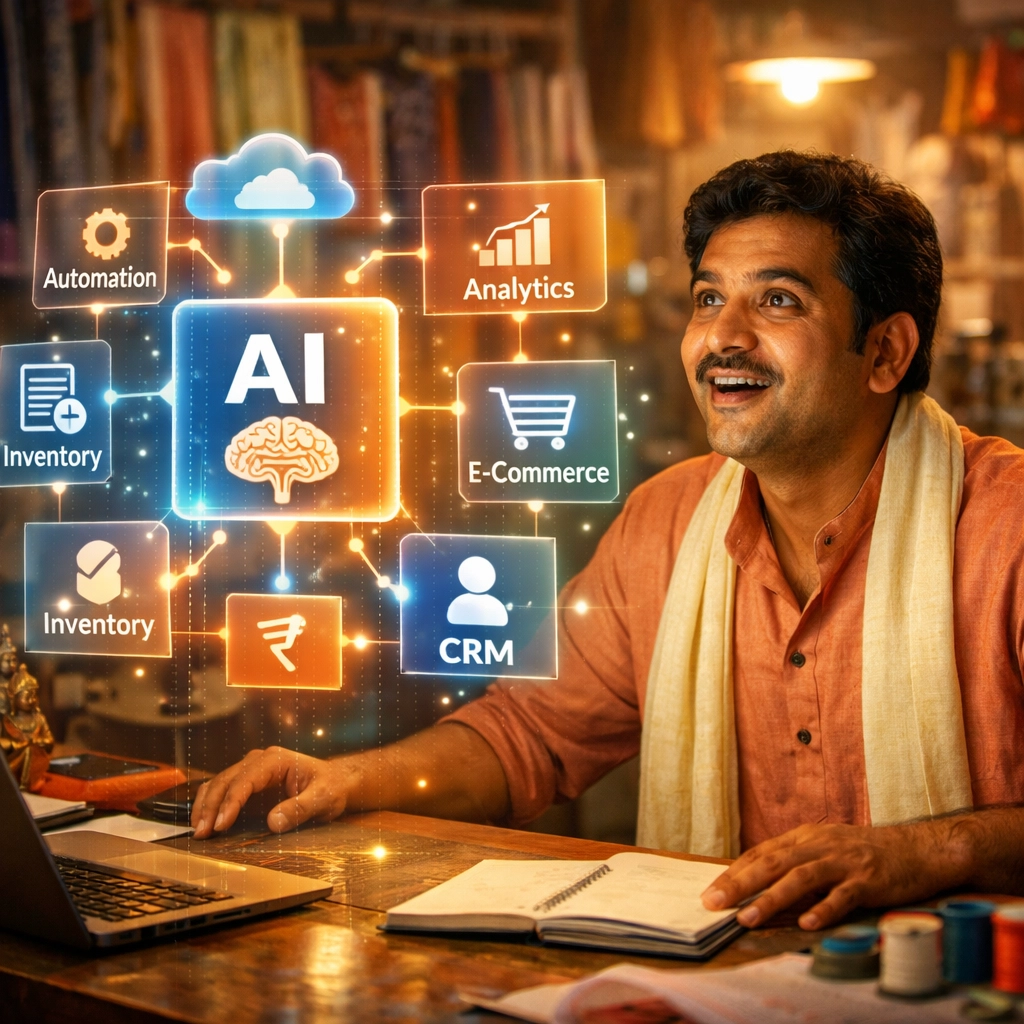 Indian entrepreneur using a holographic AI interface symbolizing the future of Indian AI for small businesses.